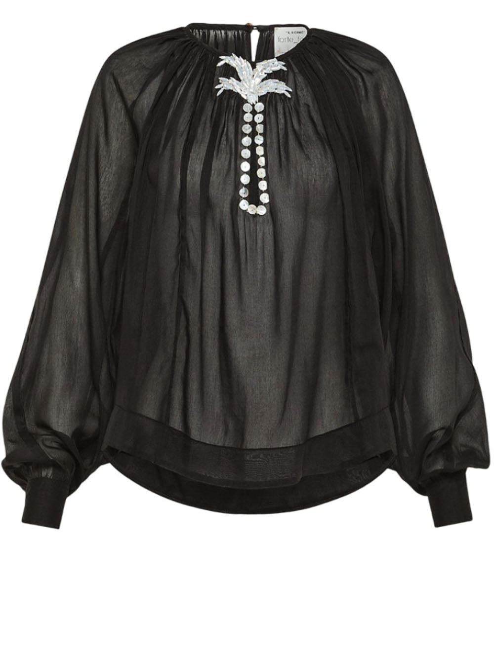 Blusa Bohemien in Voile Misto Seta Nera con Ricamo