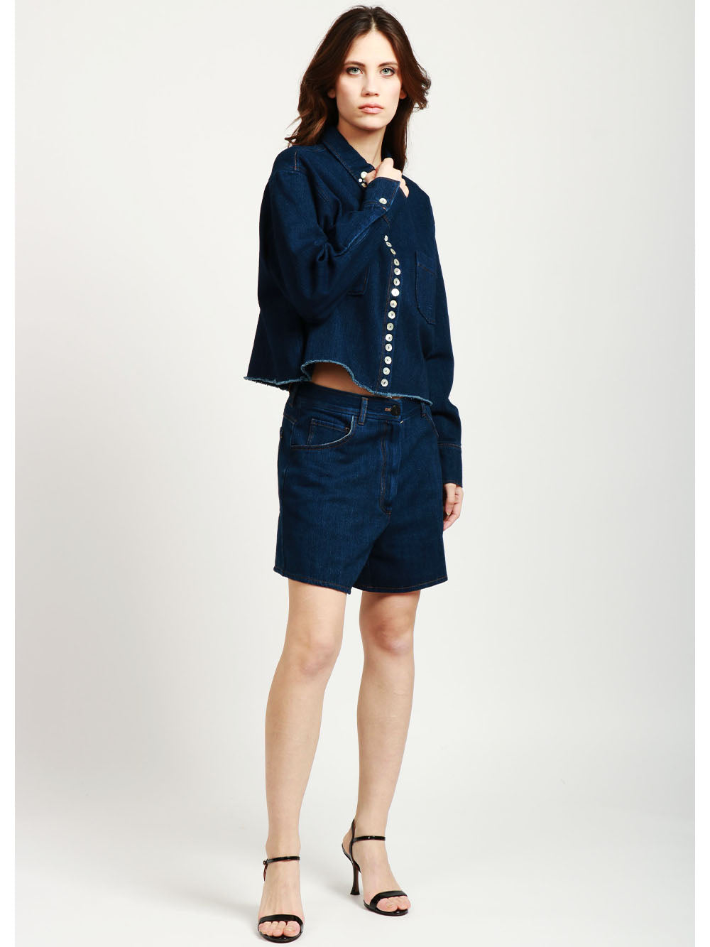 Camicia Cropped in Denim di Cotone Blu con Dettagli