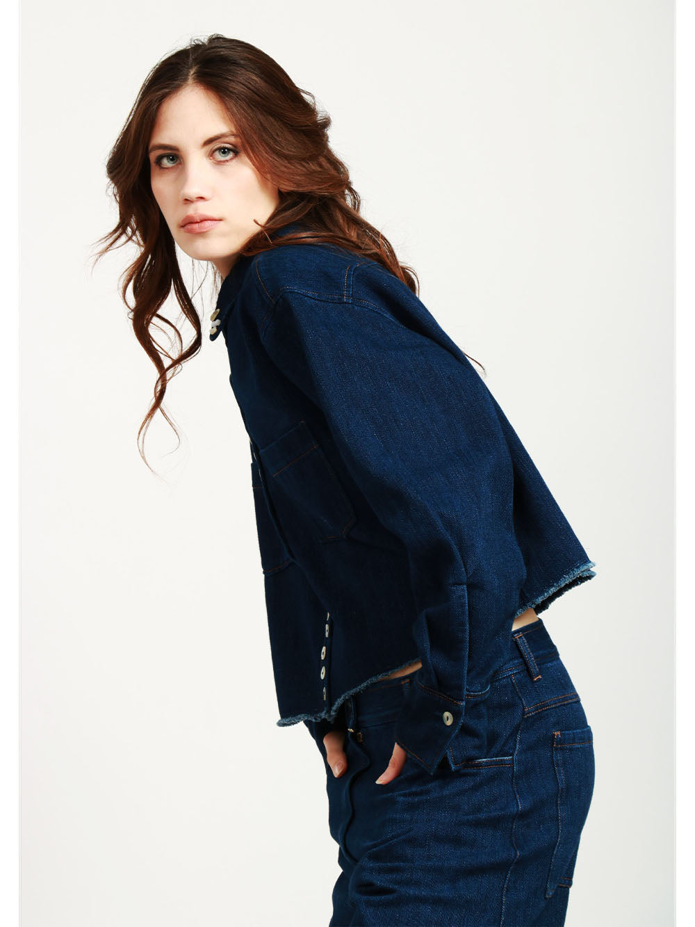 Camicia Cropped in Denim di Cotone Blu con Dettagli