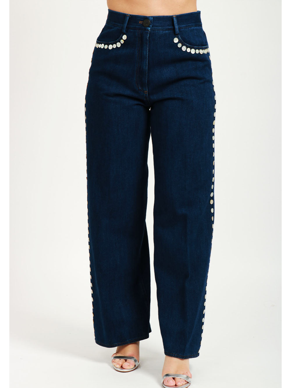 Jeans Palazzo in Denim Blu con Bottoni in Madreperla