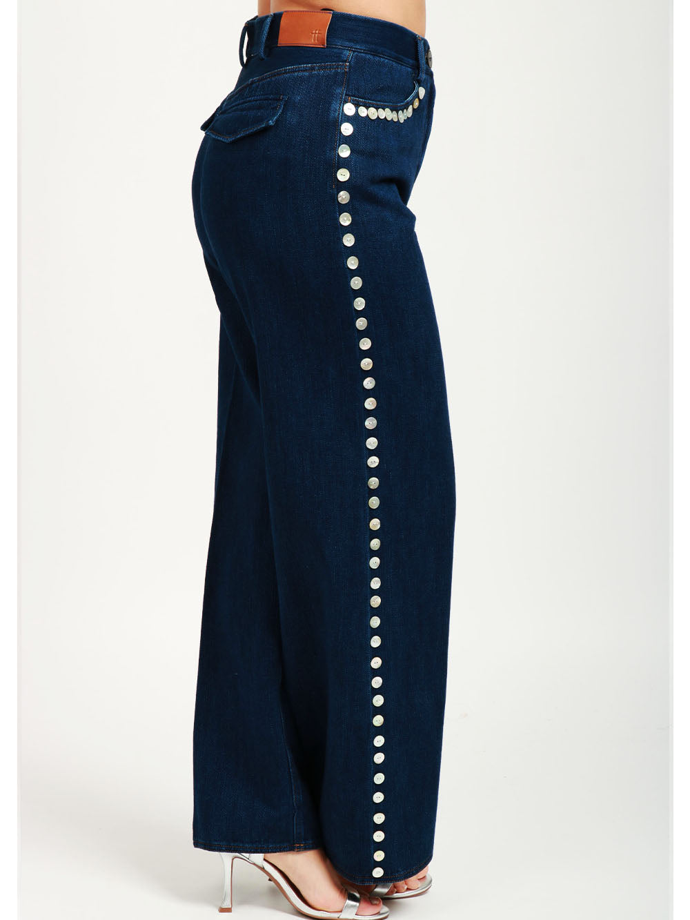 Jeans Palazzo in Denim Blu con Bottoni in Madreperla