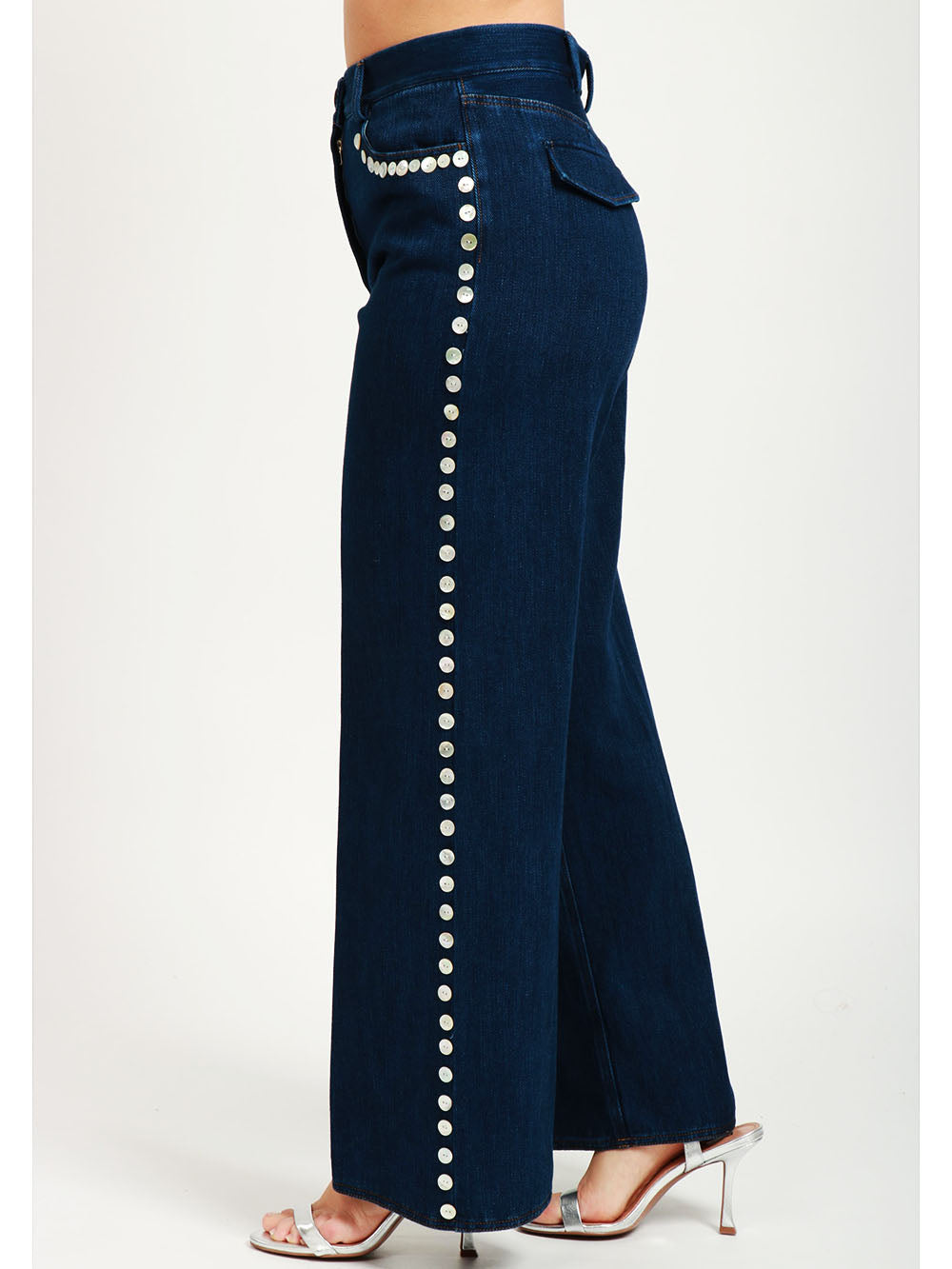 Jeans Palazzo in Denim Blu con Bottoni in Madreperla