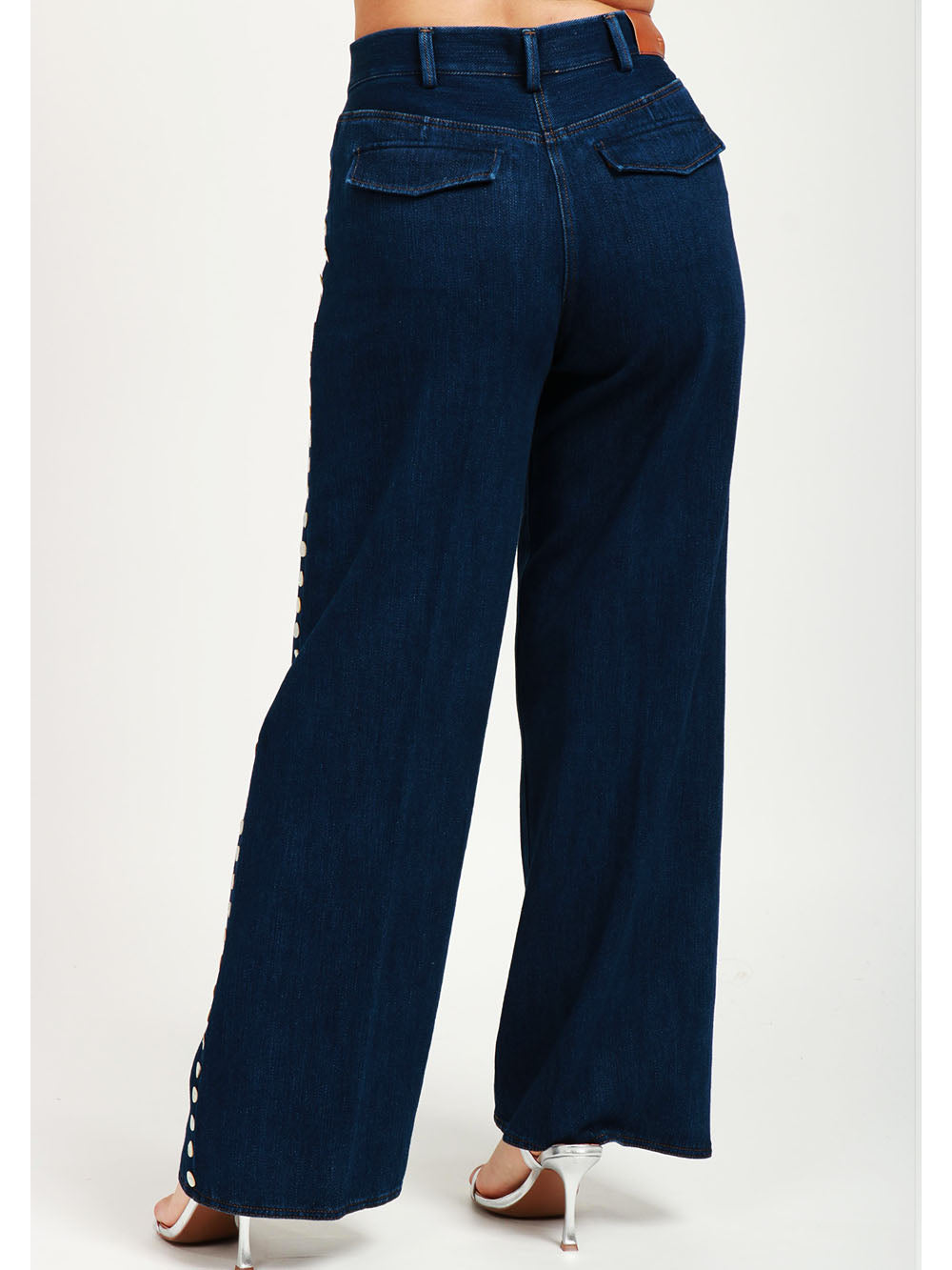 Jeans Palazzo in Denim Blu con Bottoni in Madreperla