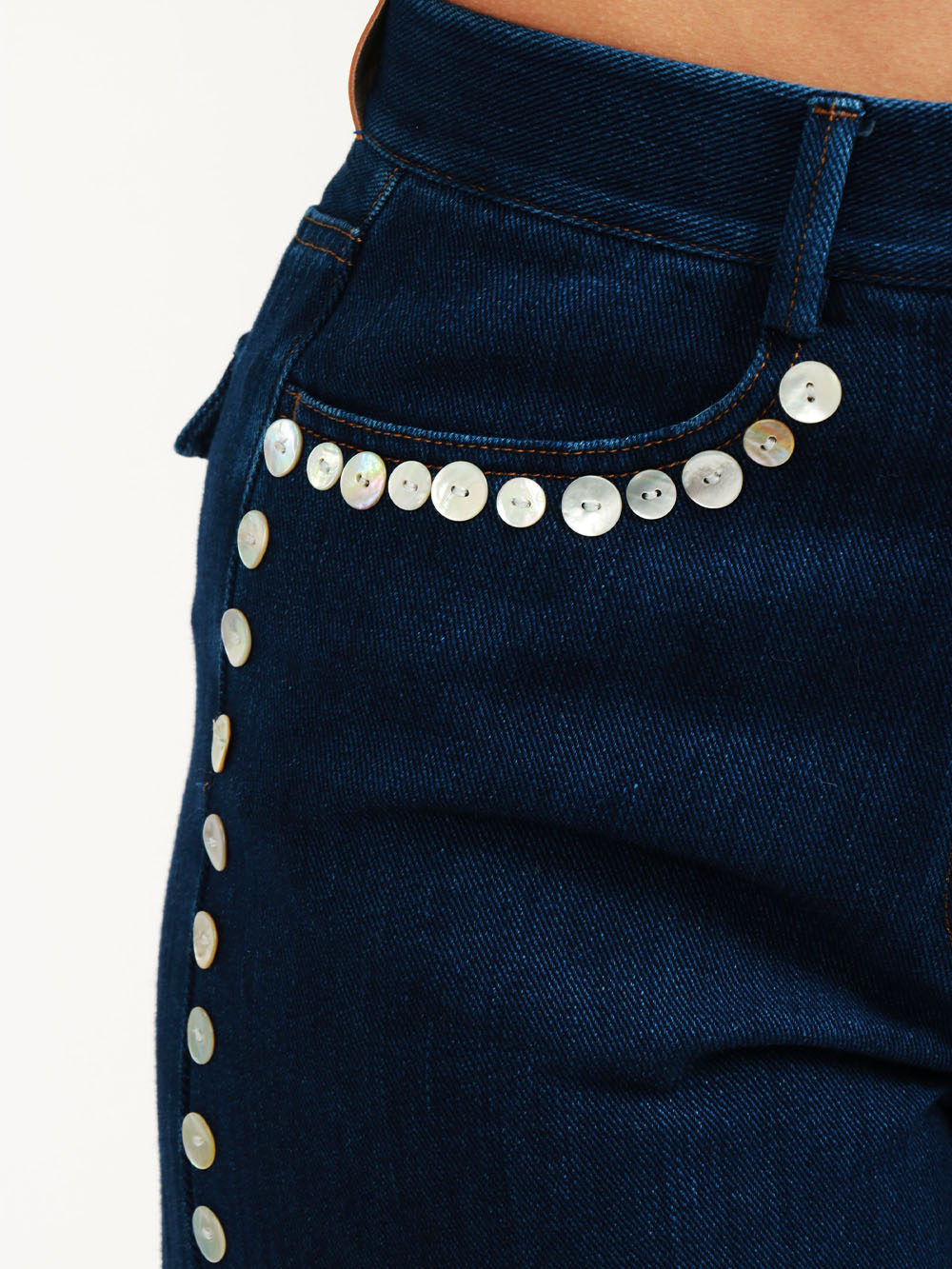 Jeans Palazzo in Denim Blu con Bottoni in Madreperla