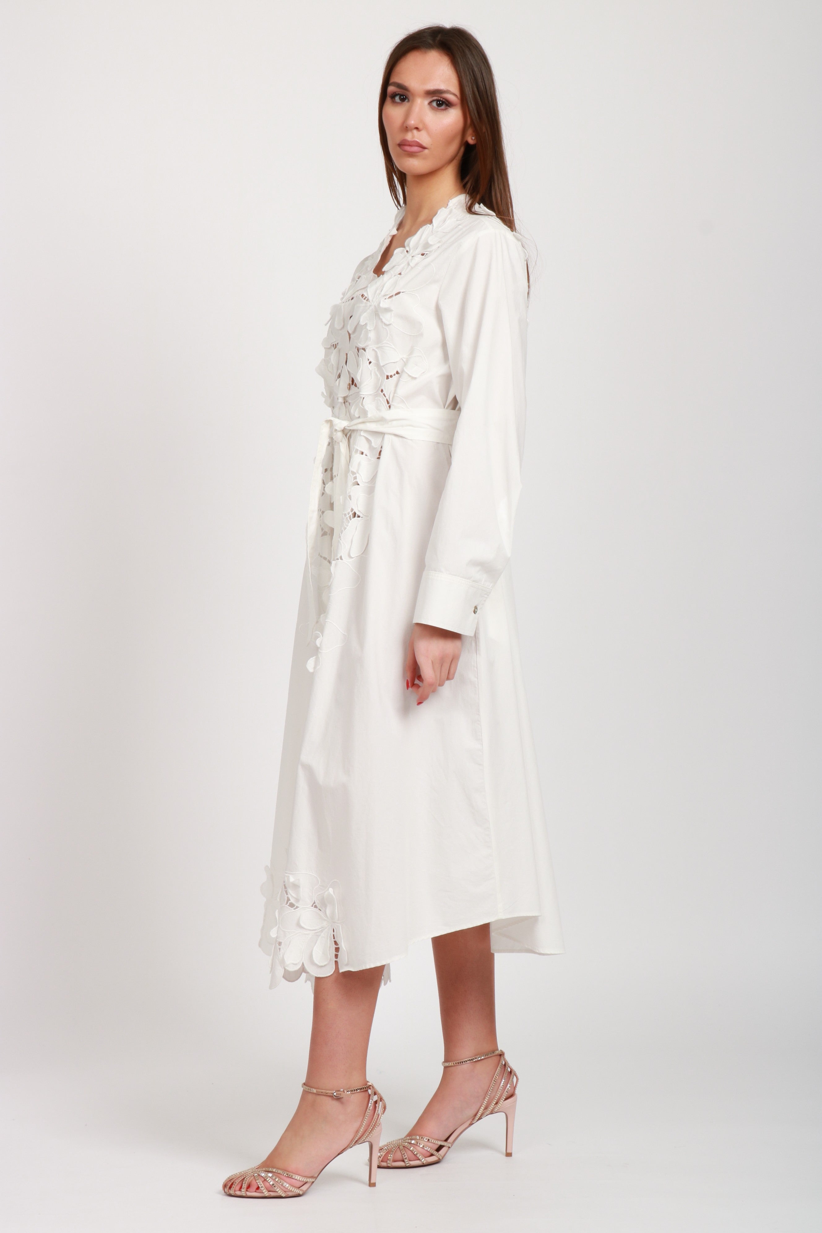 Vestito Chemisier in Cotone Bianco con Cut Out Fiori