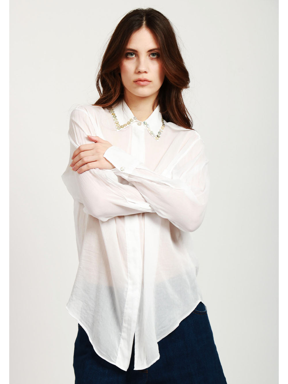 FORTE FORTE Camicia in Voile Misto Seta Bianco con Dettagli in Madreperla Bianco