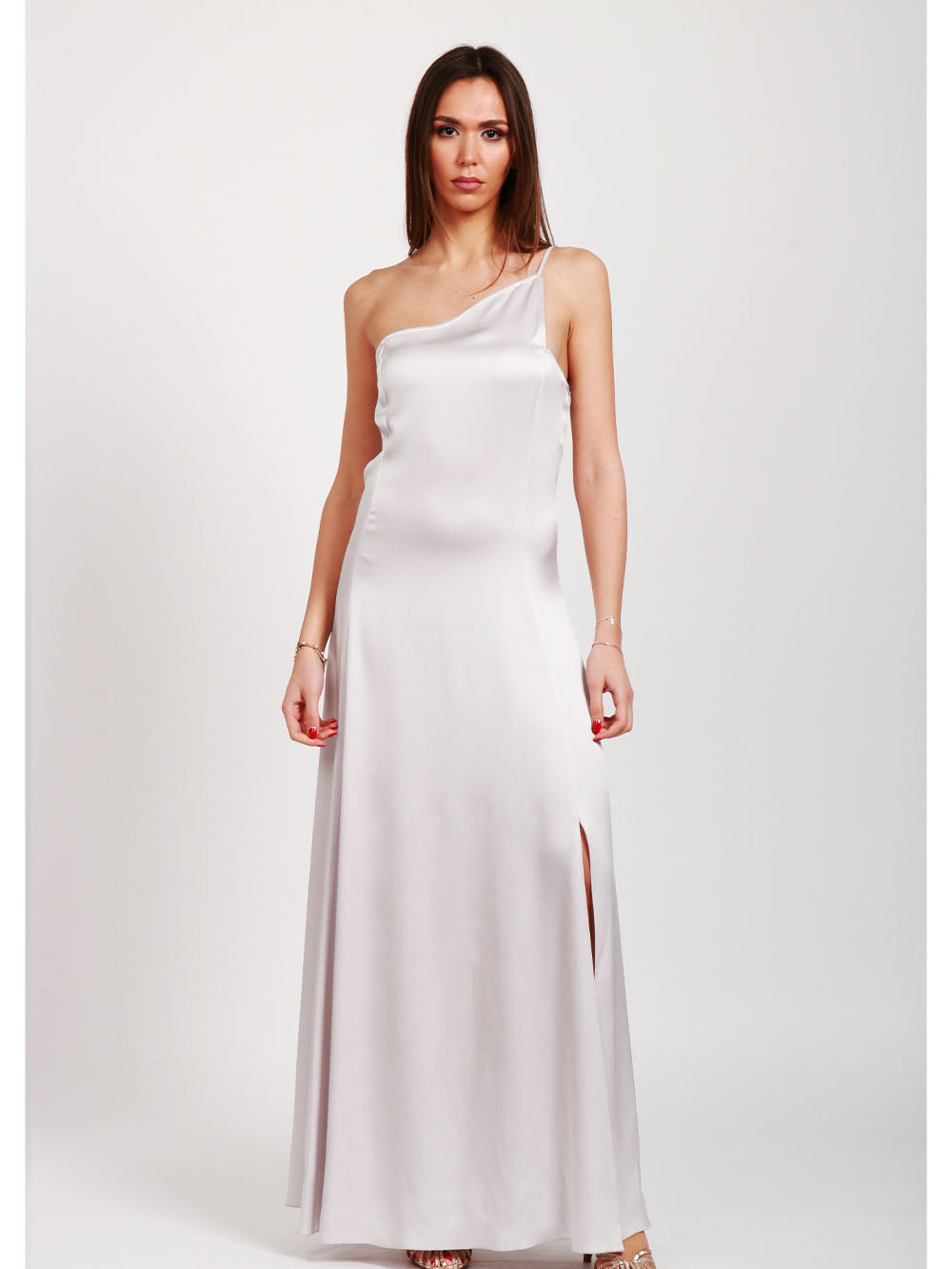 Vestito Lungo Sottoveste Monospalla in Satin Perla