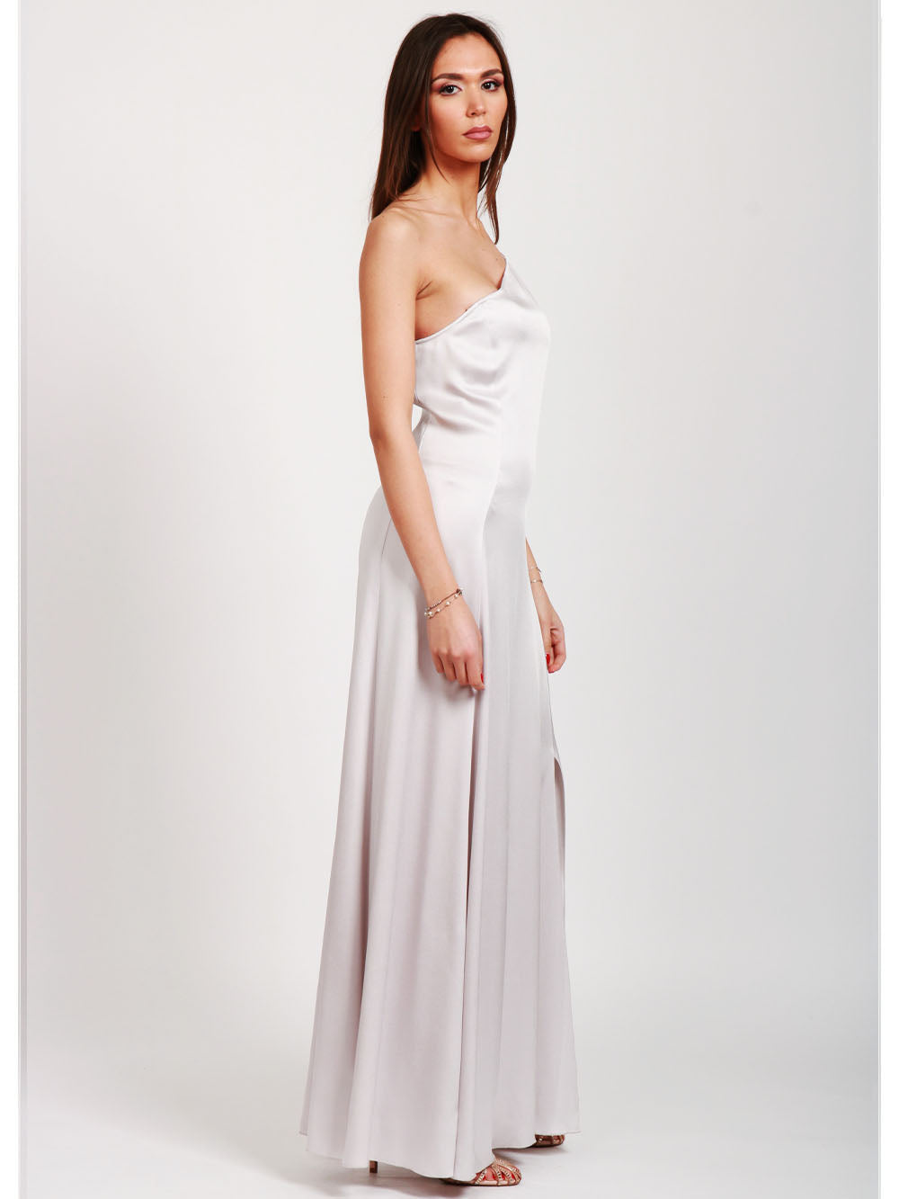 Vestito Lungo Sottoveste Monospalla in Satin Perla