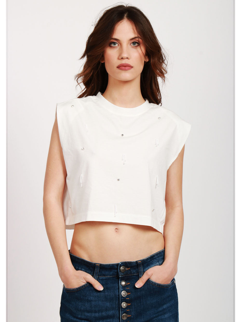 FORTE FORTE T-Shirt Girocollo in Cotone Bianca con Strass Bianco