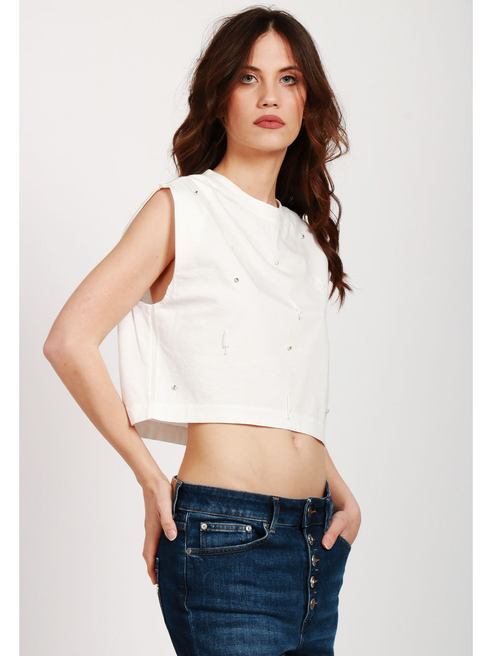 FORTE FORTE T-Shirt Girocollo in Cotone Bianca con Strass Bianco