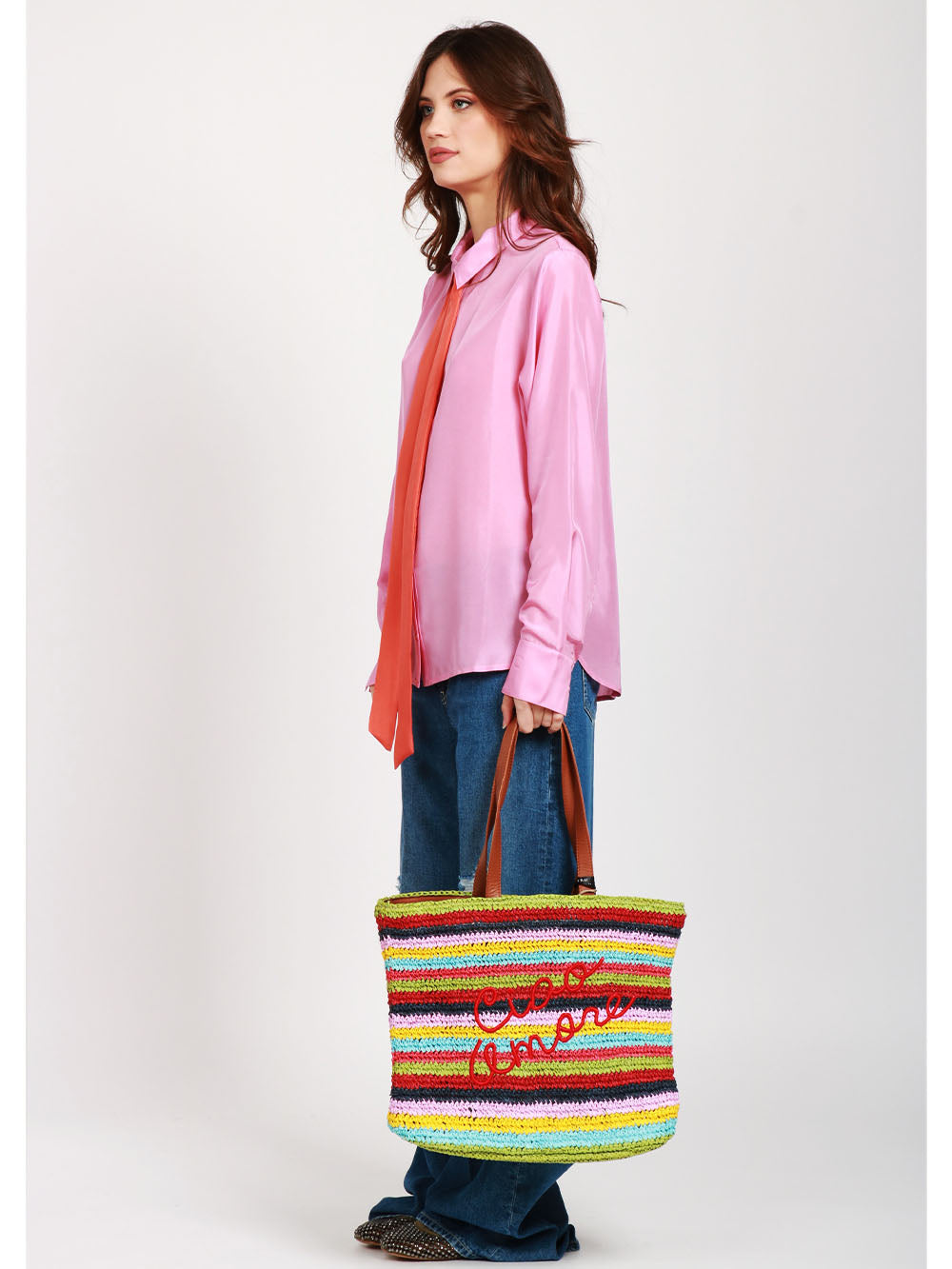 GIADA BENINCASA Borsa a Spalla Ciao Amore in Rafia a Righe Multicolor Multicolor