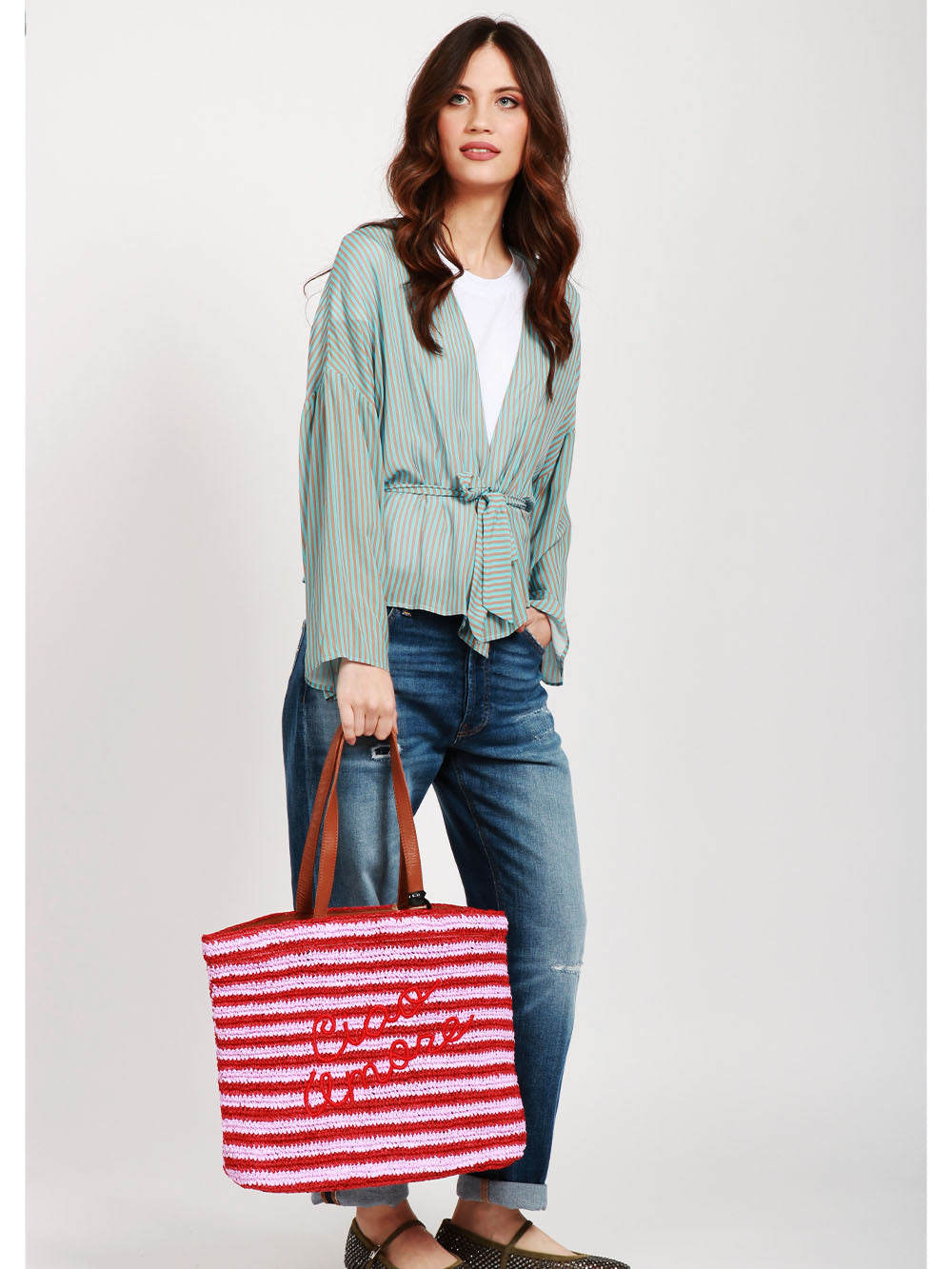 GIADA BENINCASA Borsa a Spalla Ciao Amore in Rafia a Righe Rosa e Rossa Bordeaux/lilla
