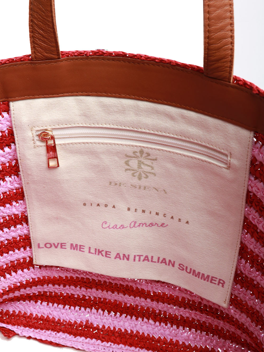 GIADA BENINCASA Borsa a Spalla Ciao Amore in Rafia a Righe Rosa e Rossa Bordeaux/lilla