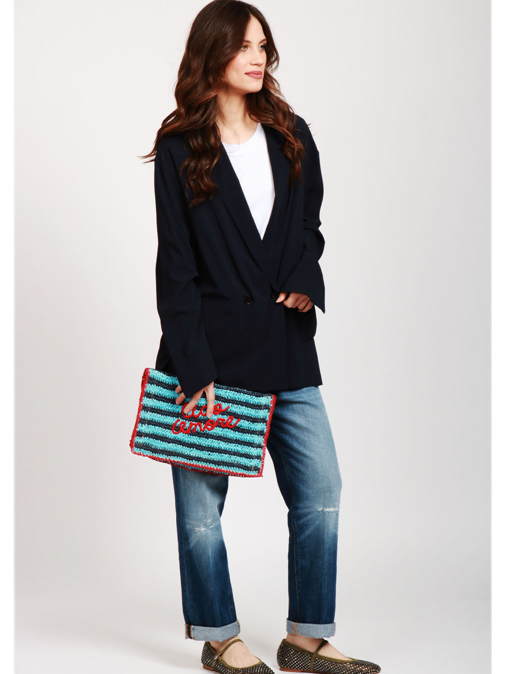 GIADA BENINCASA Borsa Pochette Ciao Amore in Rafia a Righe Celeste e Blu Celeste/rosso