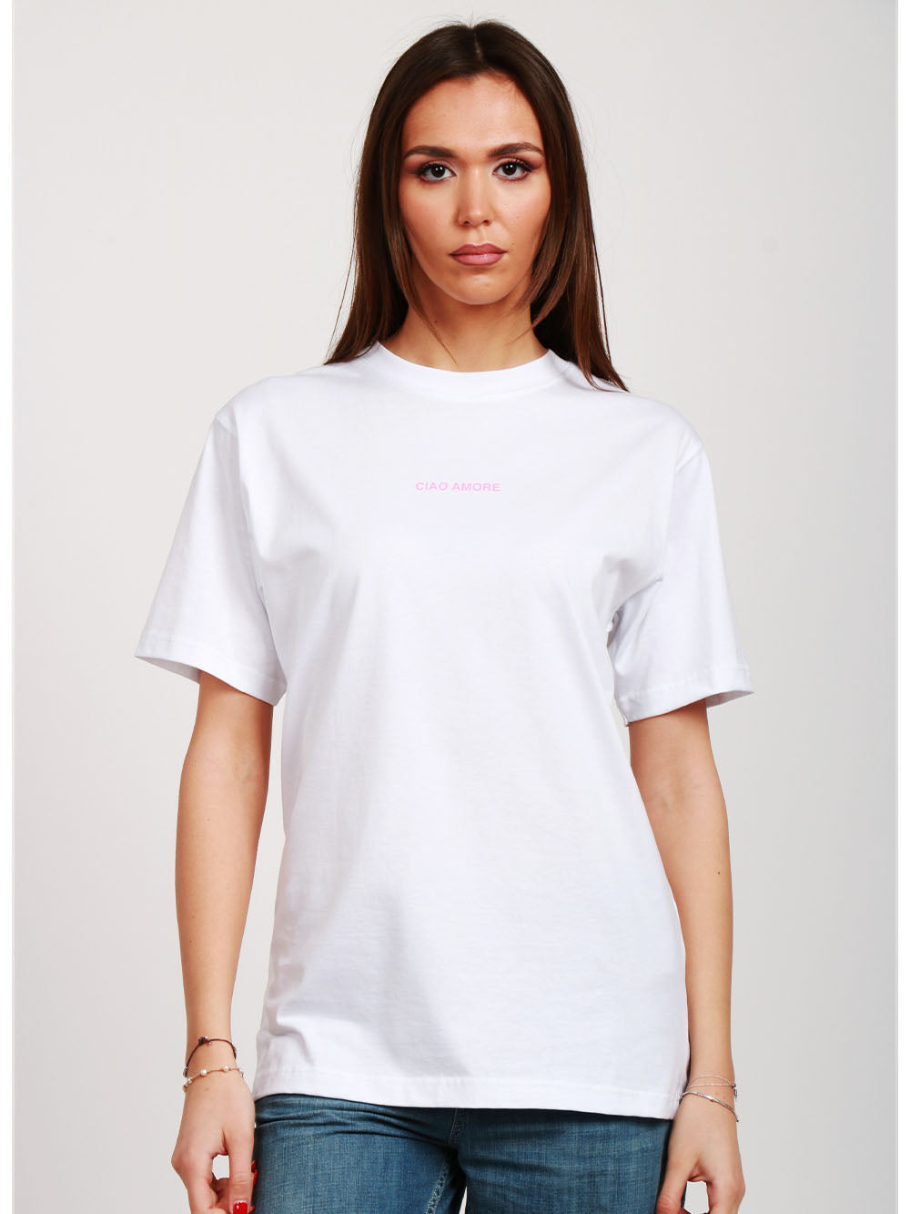 GIADA BENINCASA T-Shirt Girocollo in Cotone Bianca con Stampa Italian Summer Bianco Rosa