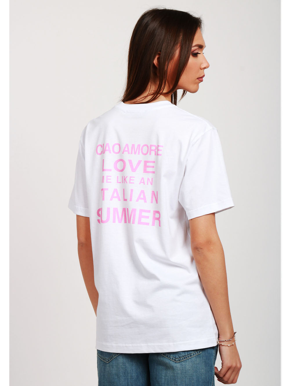 GIADA BENINCASA T-Shirt Girocollo in Cotone Bianca con Stampa Italian Summer Bianco Rosa