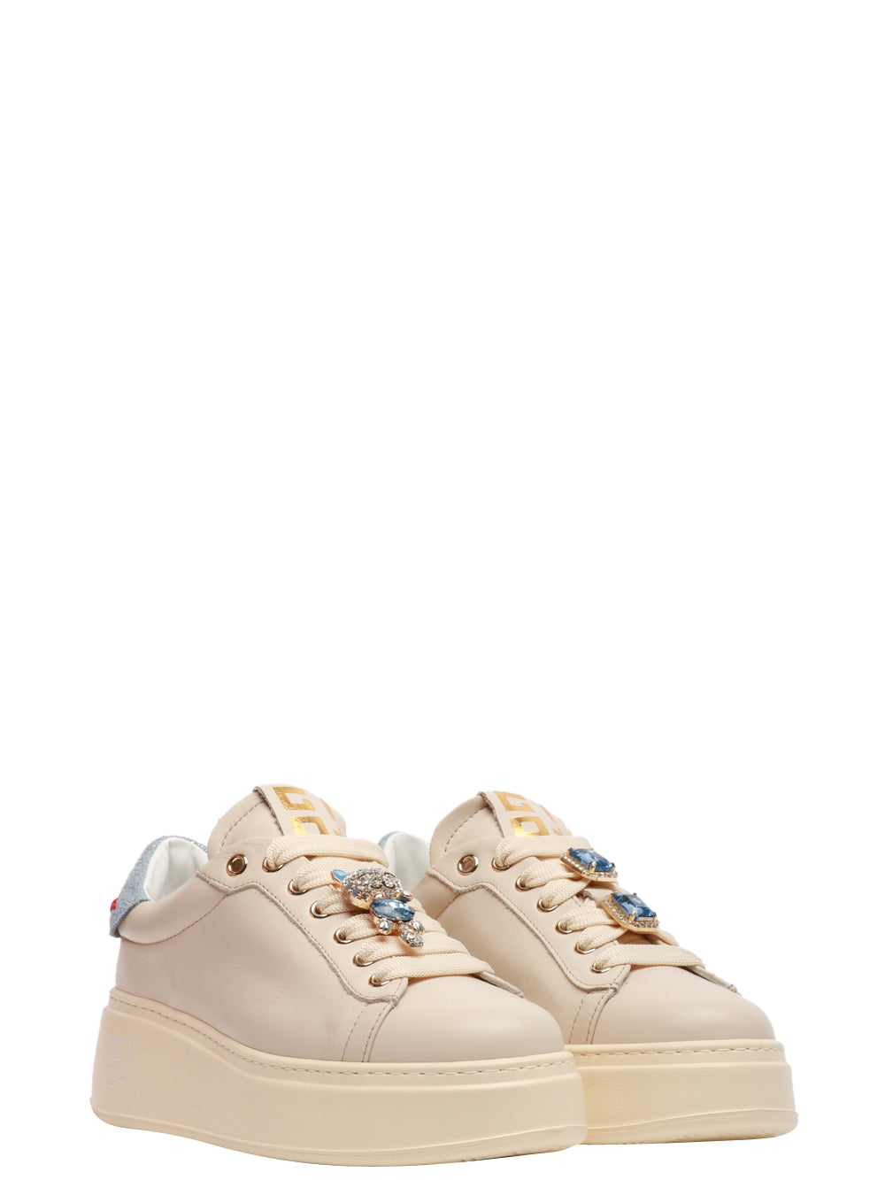 GIO+ Scarpe Sneakers Pia Beige in Pelle con Gatto Gioiello Beige