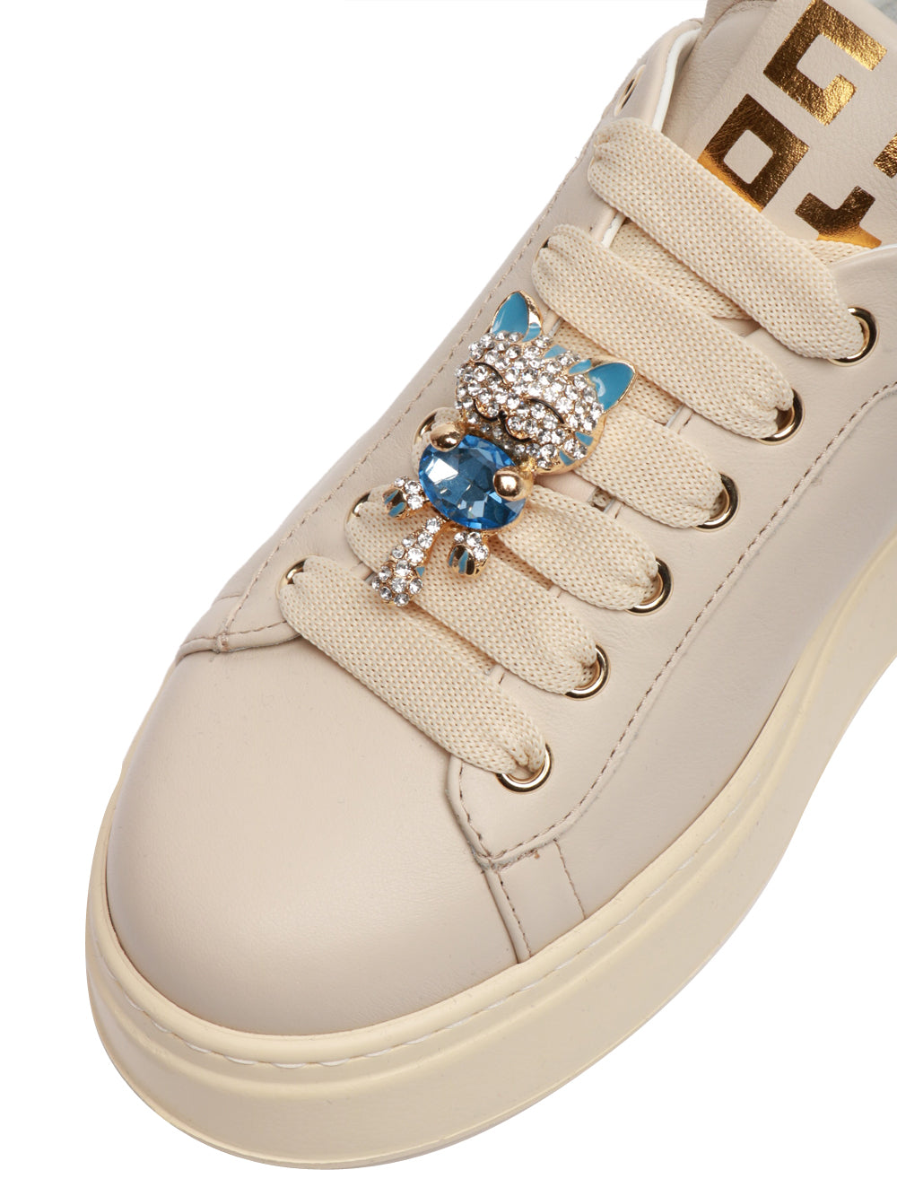 GIO+ Scarpe Sneakers Pia Beige in Pelle con Gatto Gioiello Beige