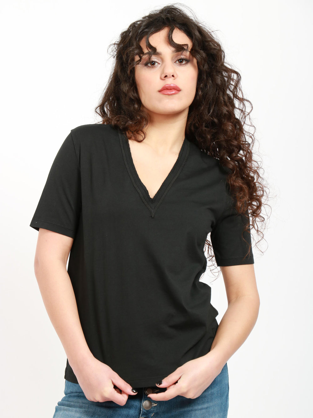 GRIFONI T-Shirt in Cotone Nera con Scollo a V Nero