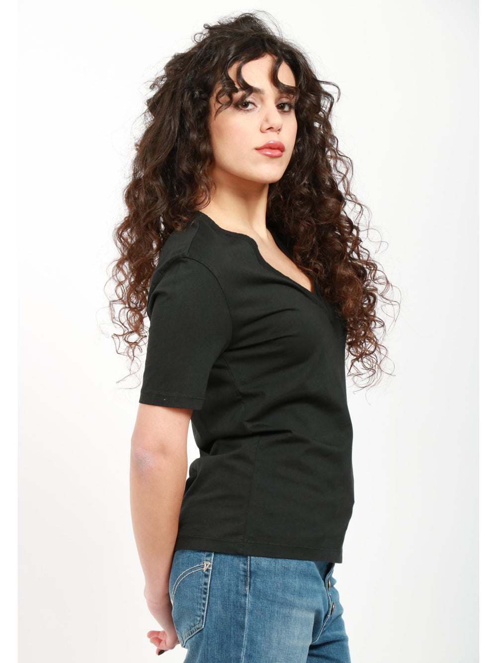 GRIFONI T-Shirt in Cotone Nera con Scollo a V Nero