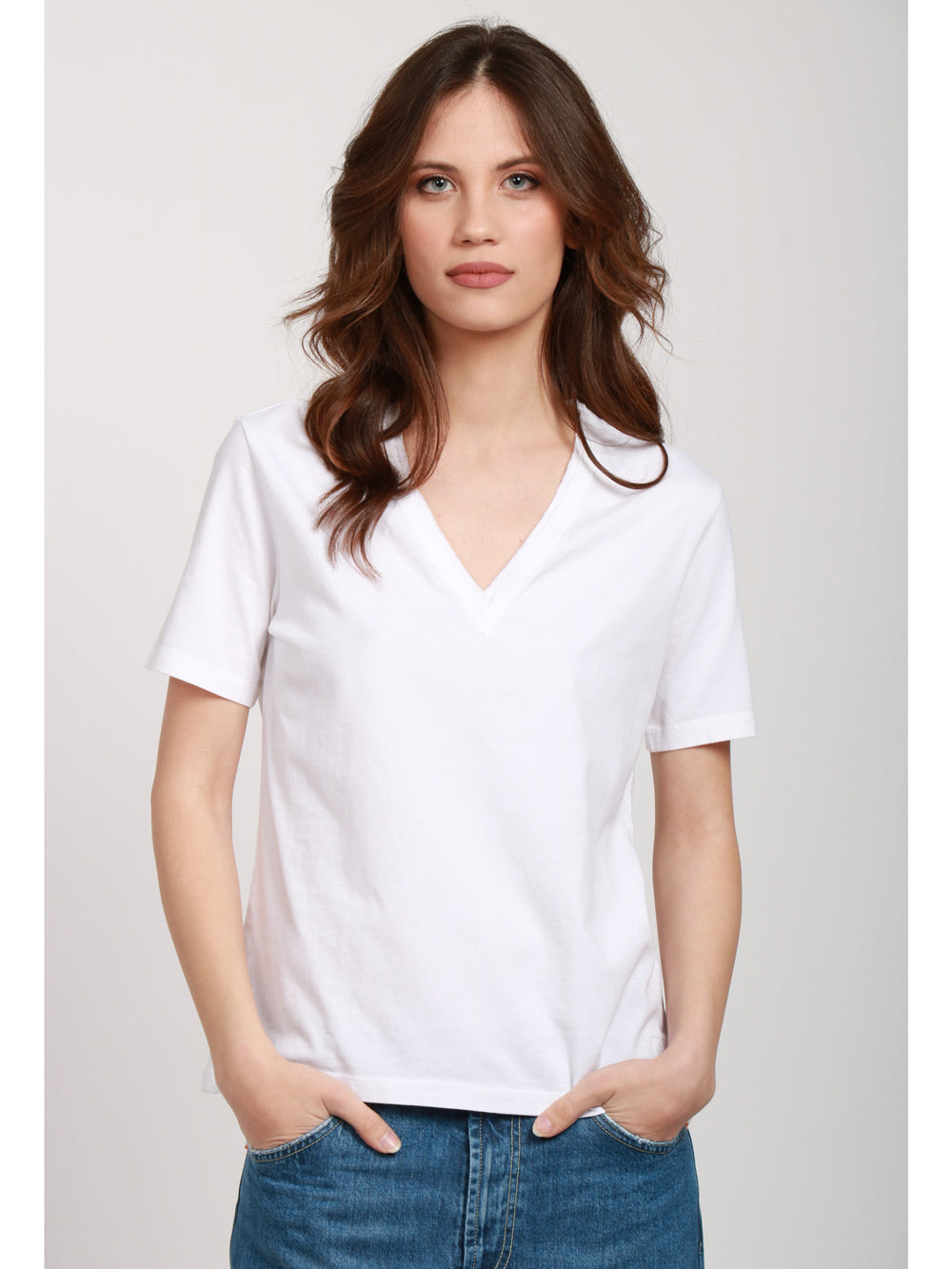 GRIFONI T-SHIRT IN COTONE BIANCA CON SCOLLO A V Bianco