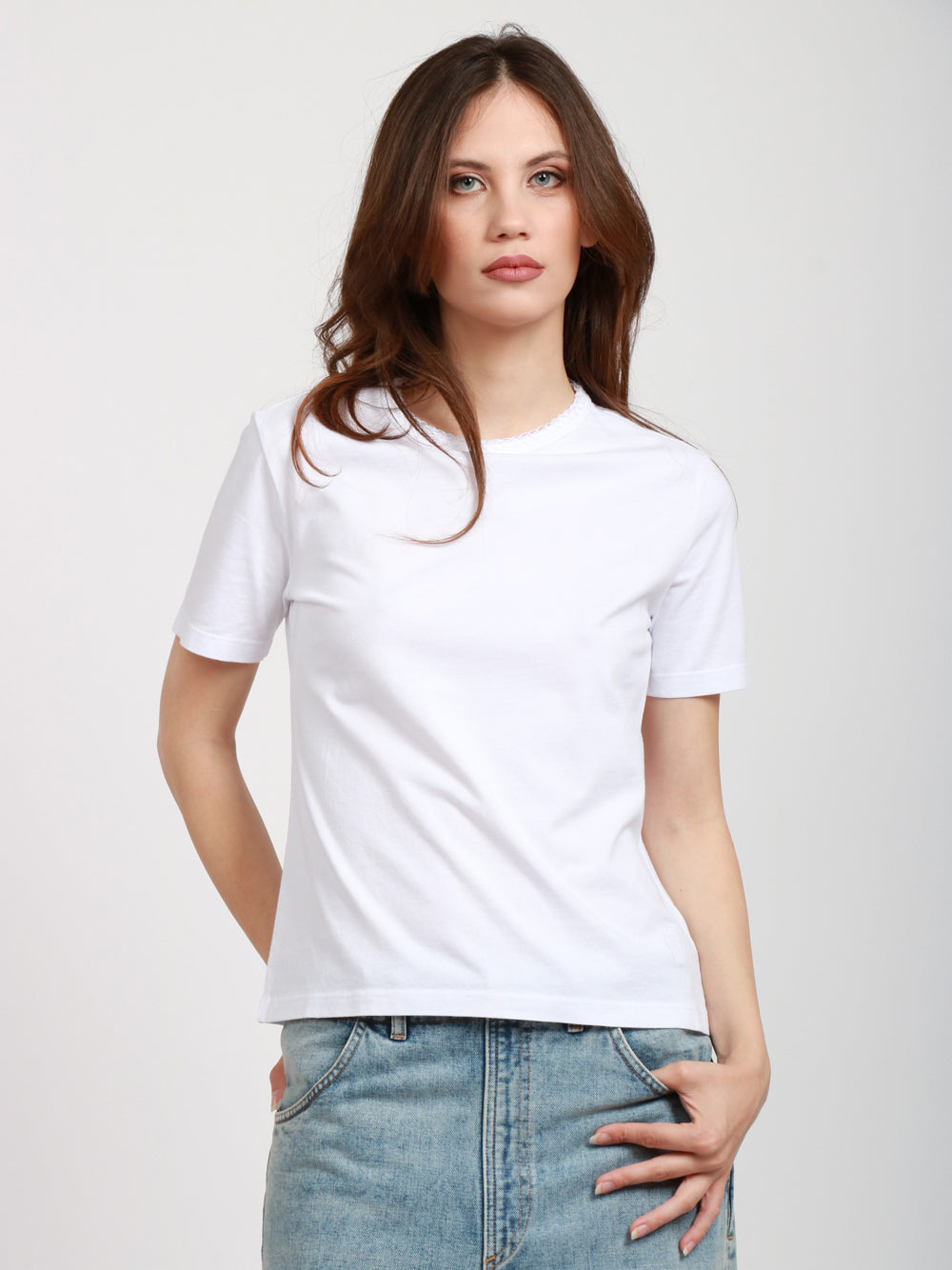 GRIFONI T-shirt in Cotone Bianca con Ricamo su Scollo Bianco