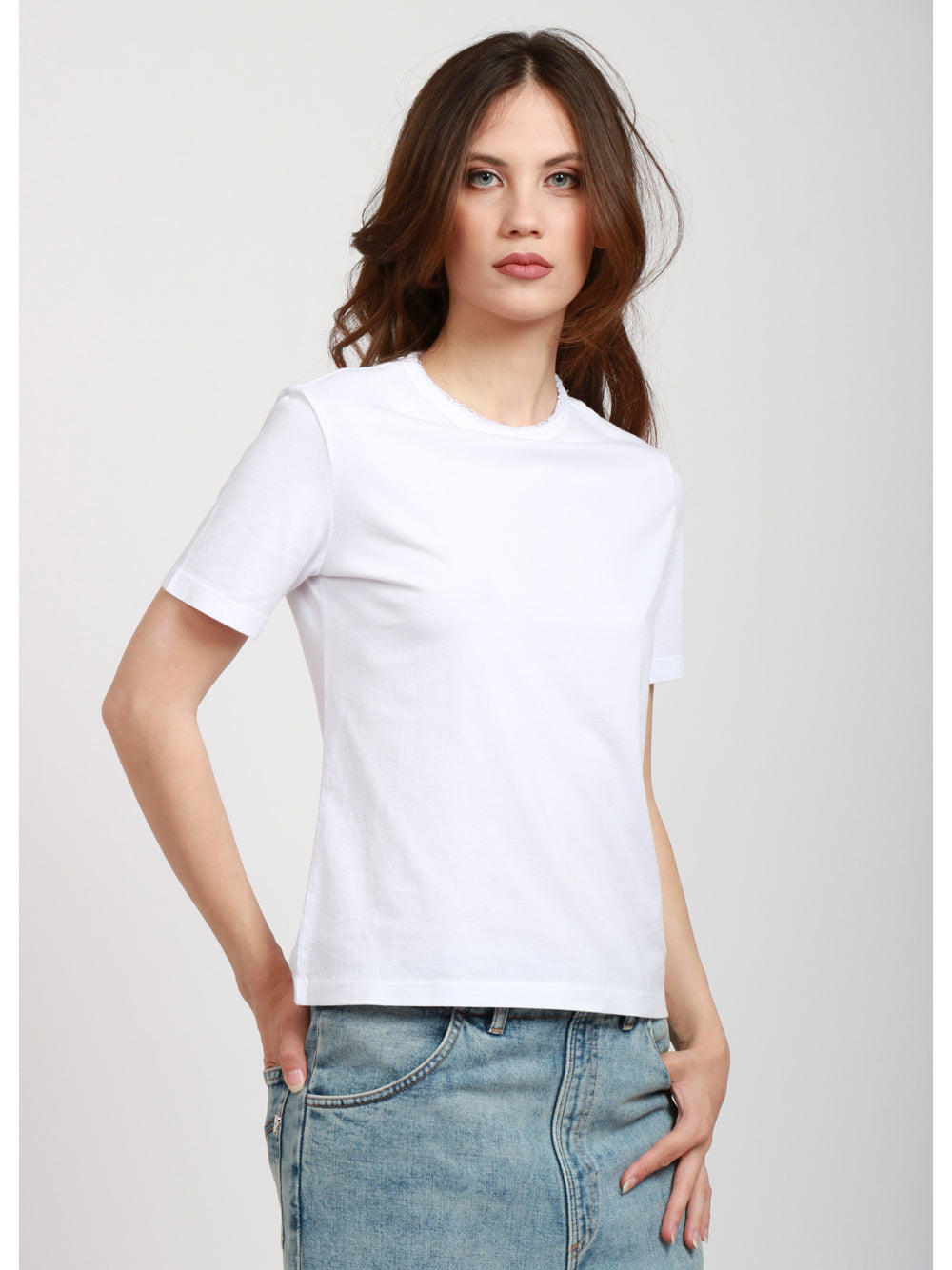 GRIFONI T-shirt in Cotone Bianca con Ricamo su Scollo Bianco