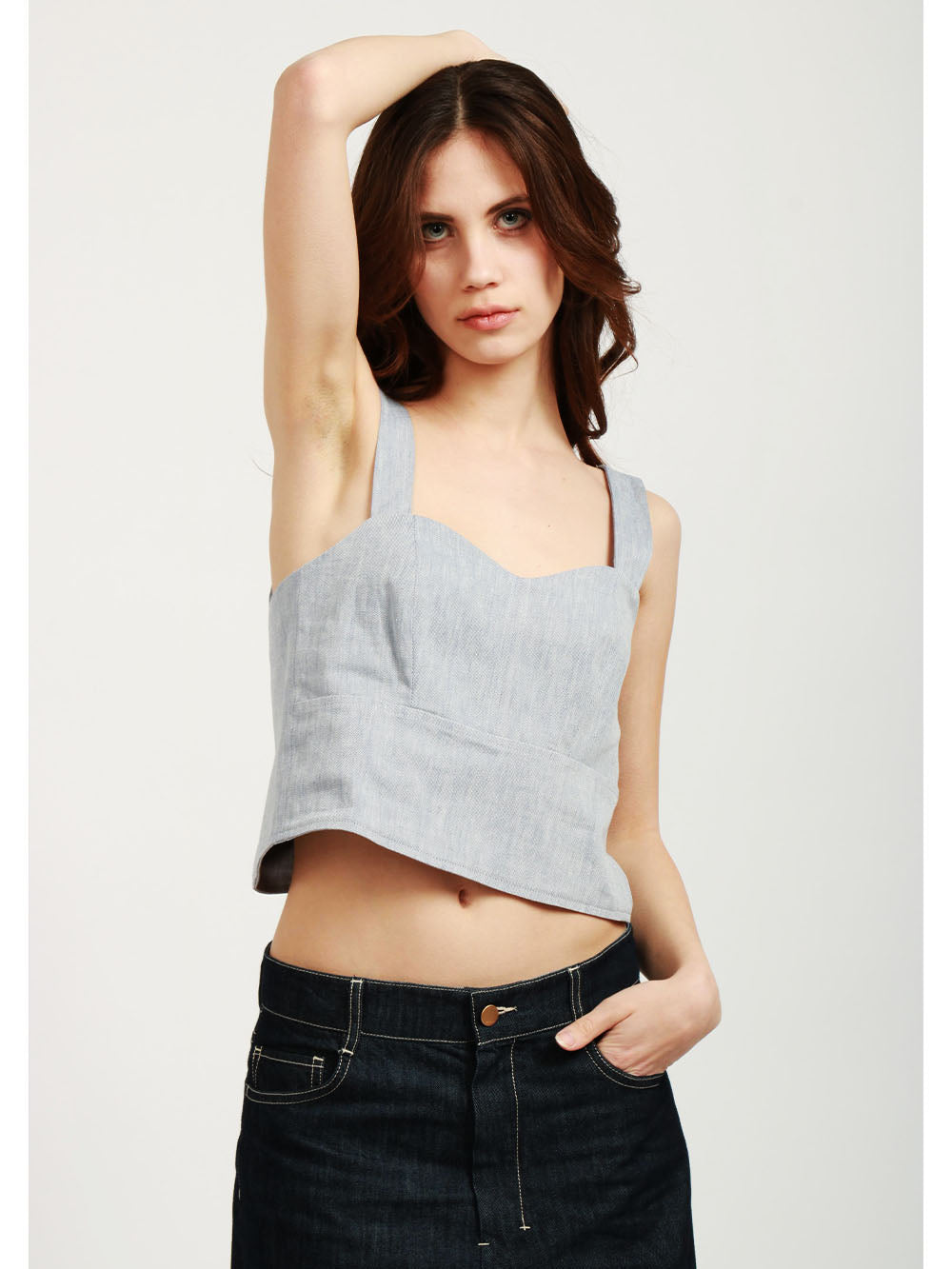 HAPPY25 Top Avena Bustier in Misto Lino Celeste Effetto Denim Celeste