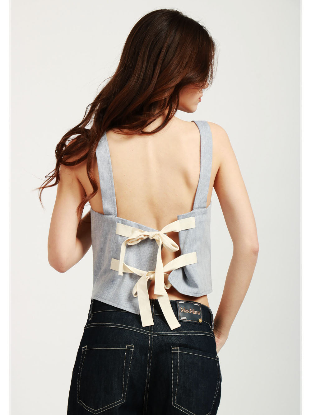 HAPPY25 Top Avena Bustier in Misto Lino Celeste Effetto Denim Celeste