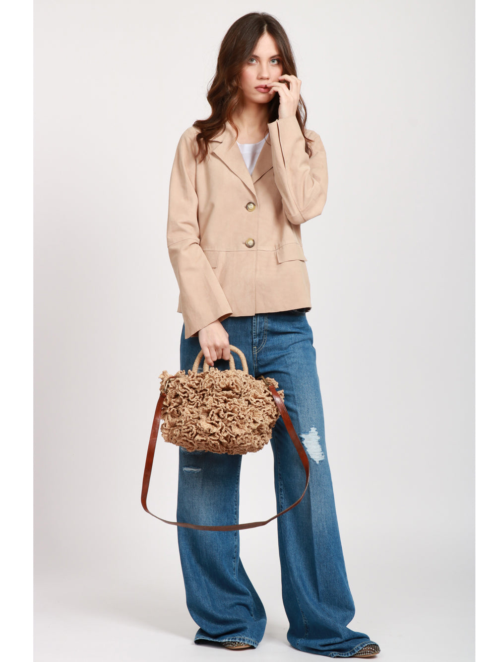 IBELIV Borsa a Mano Coral in Paglia con Rouches Beige