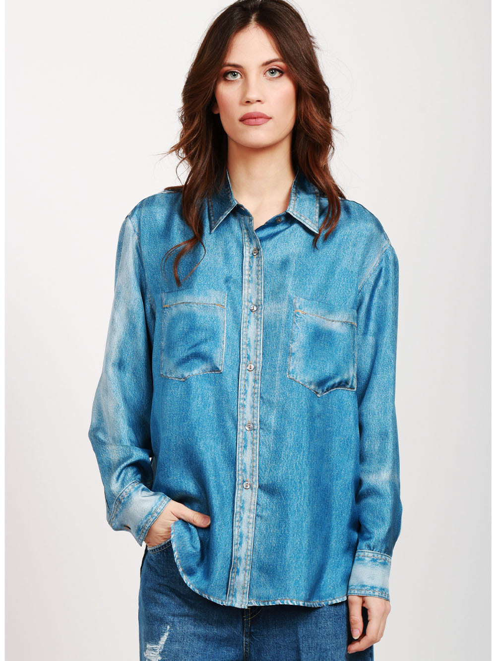 JUCCA CAMICIA IN SETA DENIM BLU CON STAMPA EFFETTO JEANS Denim