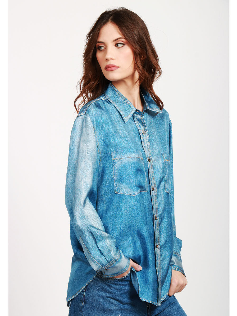JUCCA CAMICIA IN SETA DENIM BLU CON STAMPA EFFETTO JEANS Denim
