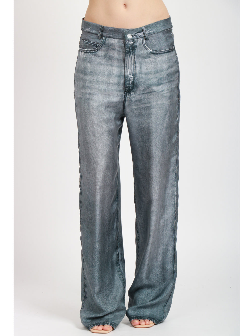 JUCCA Pantaloni in Seta Denim Nero Stampati Effetto Jeans Denim Nero