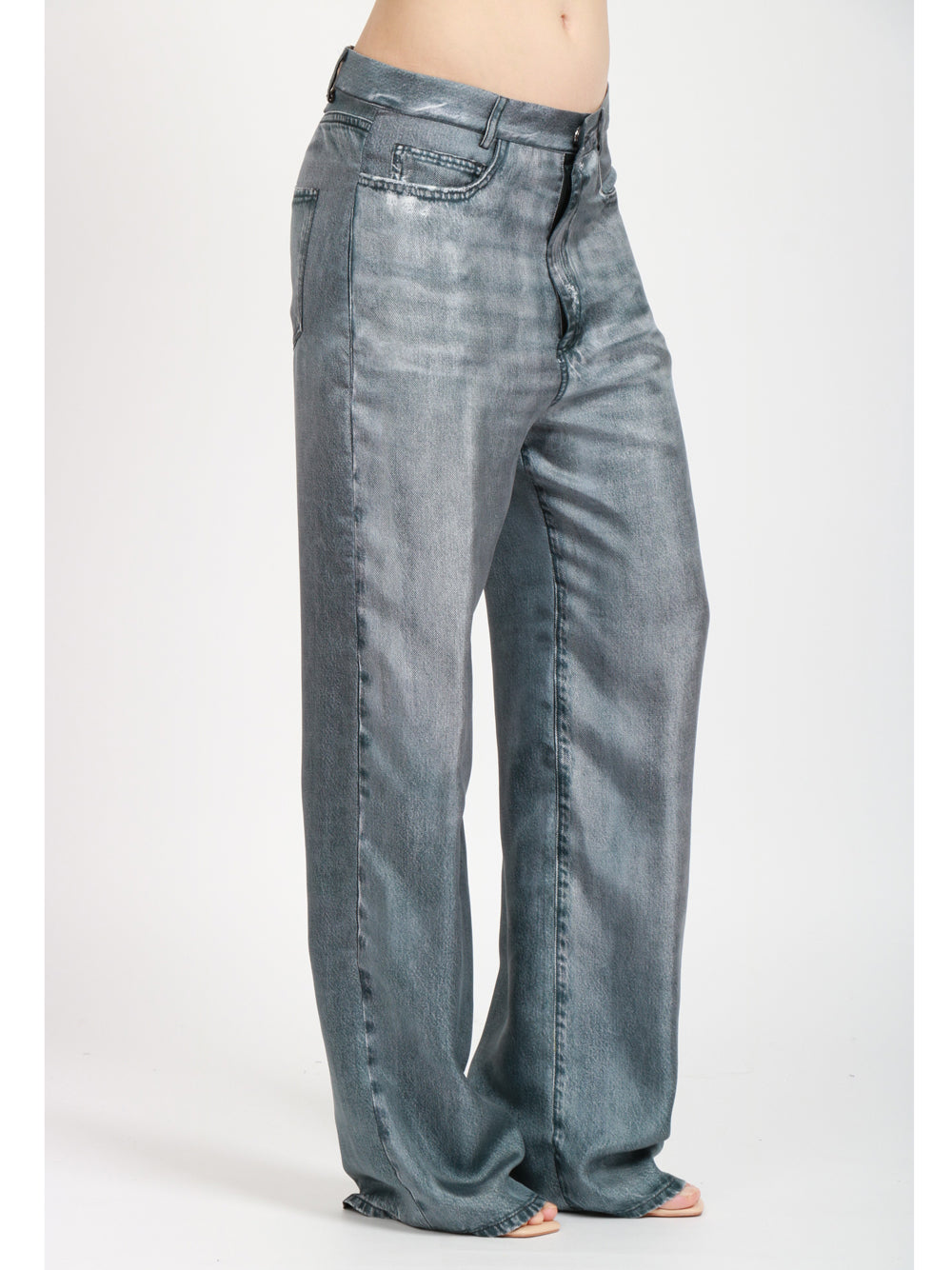 JUCCA Pantaloni in Seta Denim Nero Stampati Effetto Jeans Denim Nero