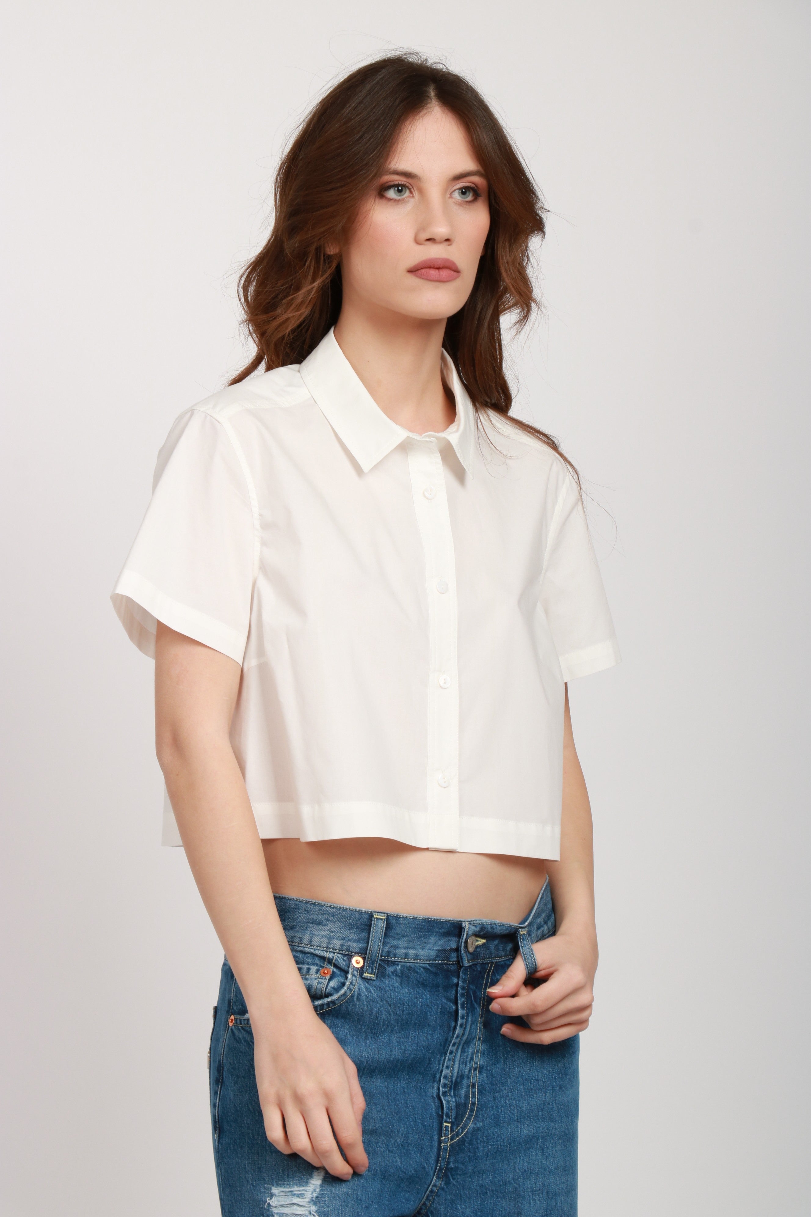 LAVI Camicia Eucalipto in Cotone Bianca Crop Panna