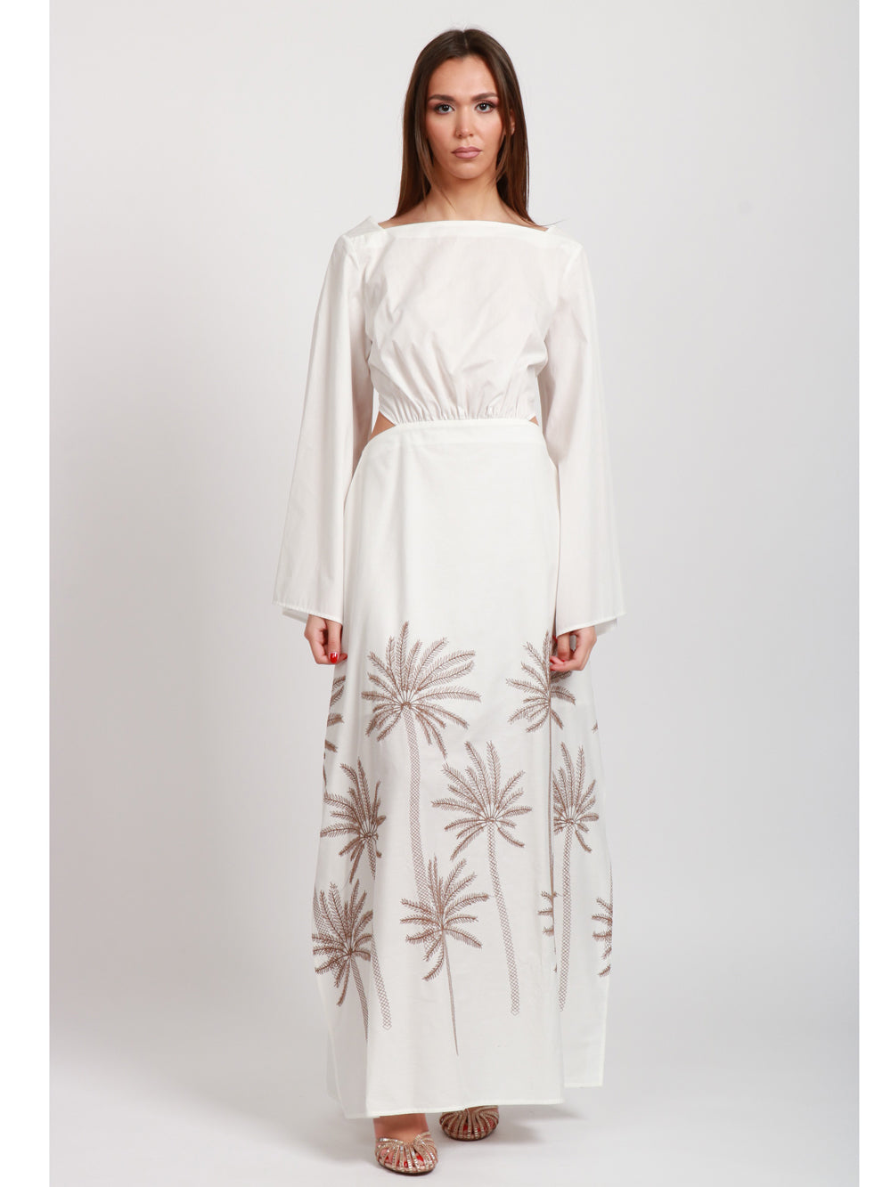 LAVI VESTITO CANFORA LUNGO IN COTONE BIANCO CON PALME Bianco/marrone