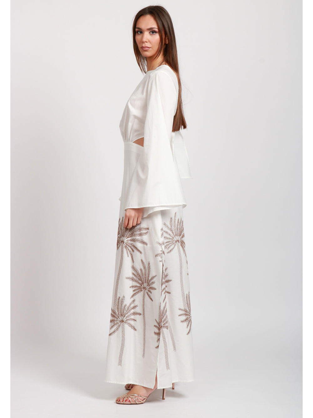 LAVI VESTITO CANFORA LUNGO IN COTONE BIANCO CON PALME Bianco/marrone