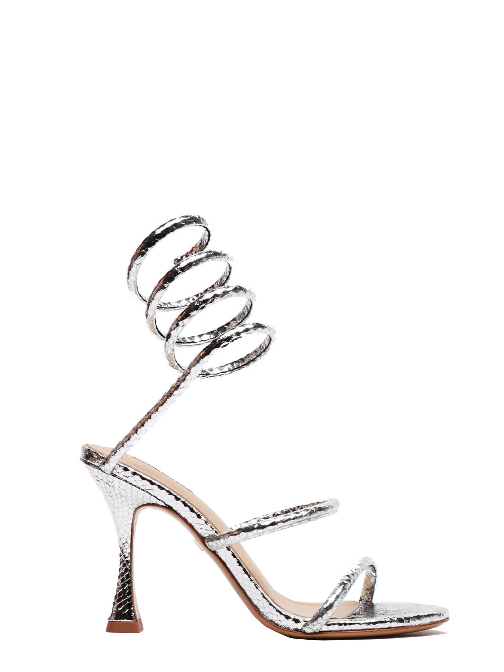 LOLA CRUZ SANDALI IN PELLE SNAKE CON LACCI ALLA CAVIGLIA Argento