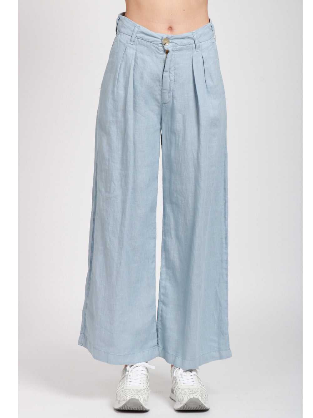 MAISON HOTEL PANTALONI MARISA IN LINO CELESTI CON PINCES Cielo