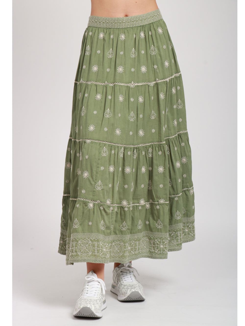 MAISON HOTEL GONNA MIDI IN COTONE VERDE CON RICAMI BIANCHI Verde salvia