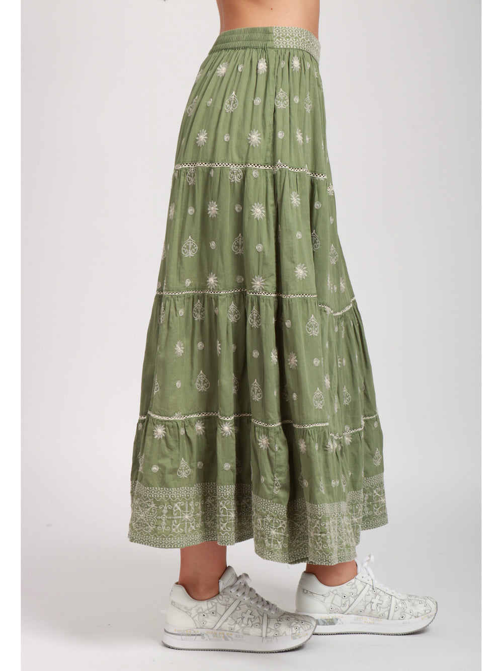 MAISON HOTEL GONNA MIDI IN COTONE VERDE CON RICAMI BIANCHI Verde salvia