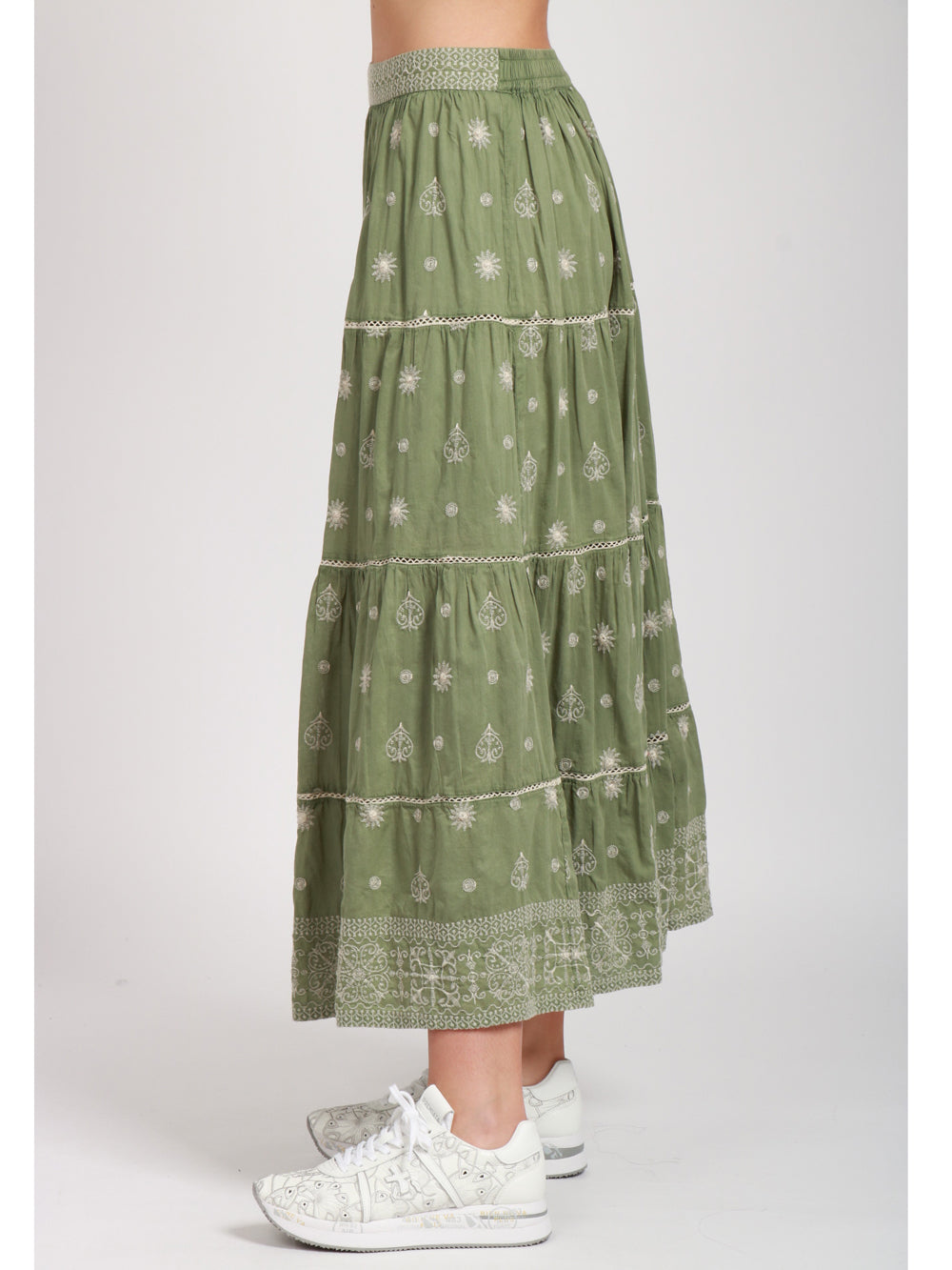MAISON HOTEL GONNA MIDI IN COTONE VERDE CON RICAMI BIANCHI Verde salvia