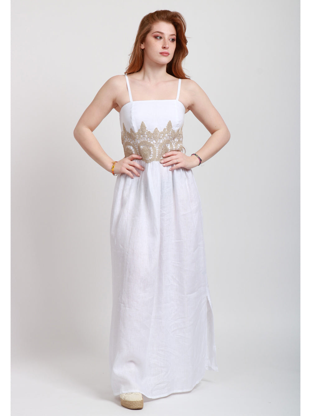MASTRO Vestito Lungo in Lino Bianco con Ricamo Bianco