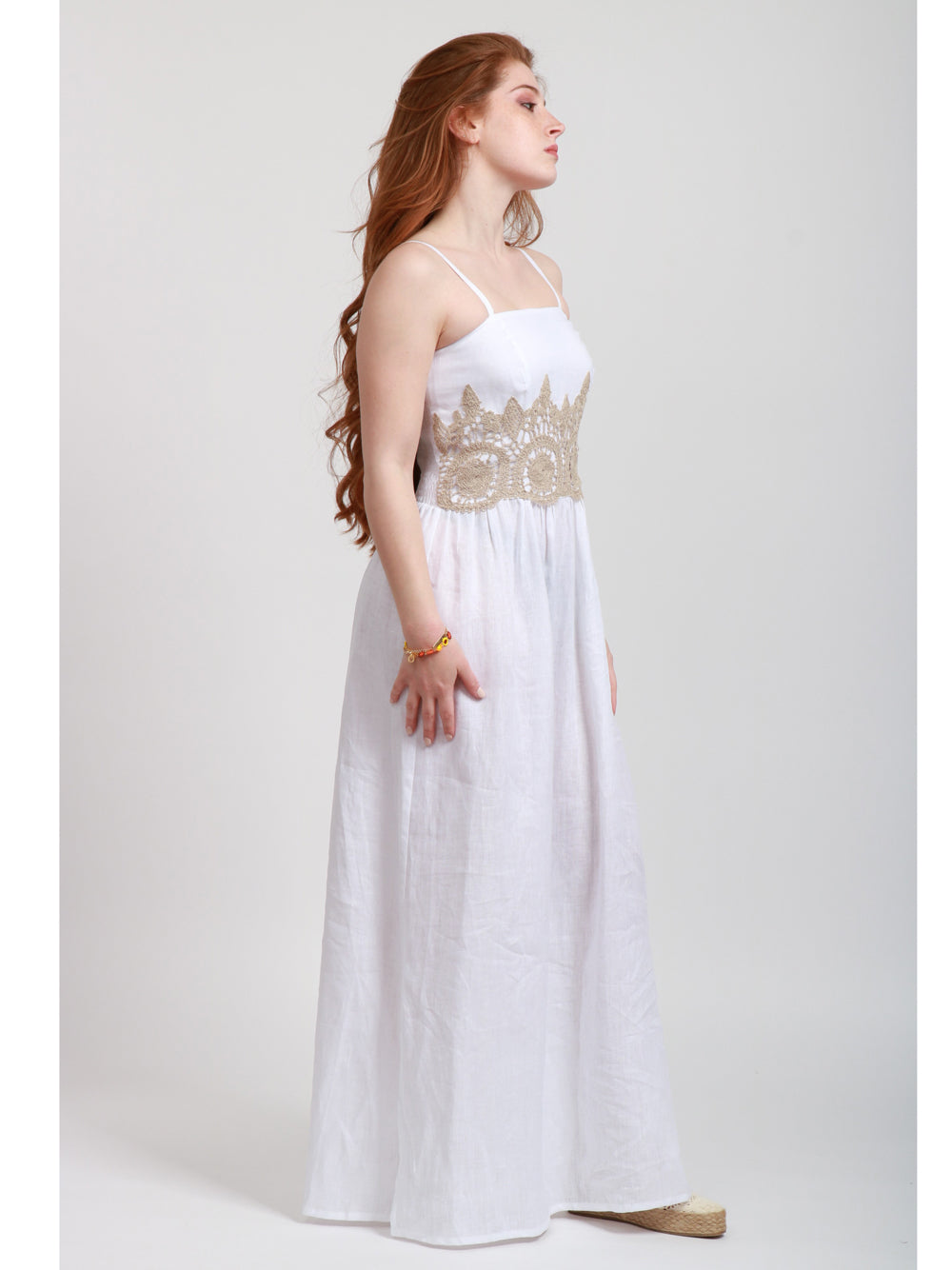 MASTRO Vestito Lungo in Lino Bianco con Ricamo Bianco