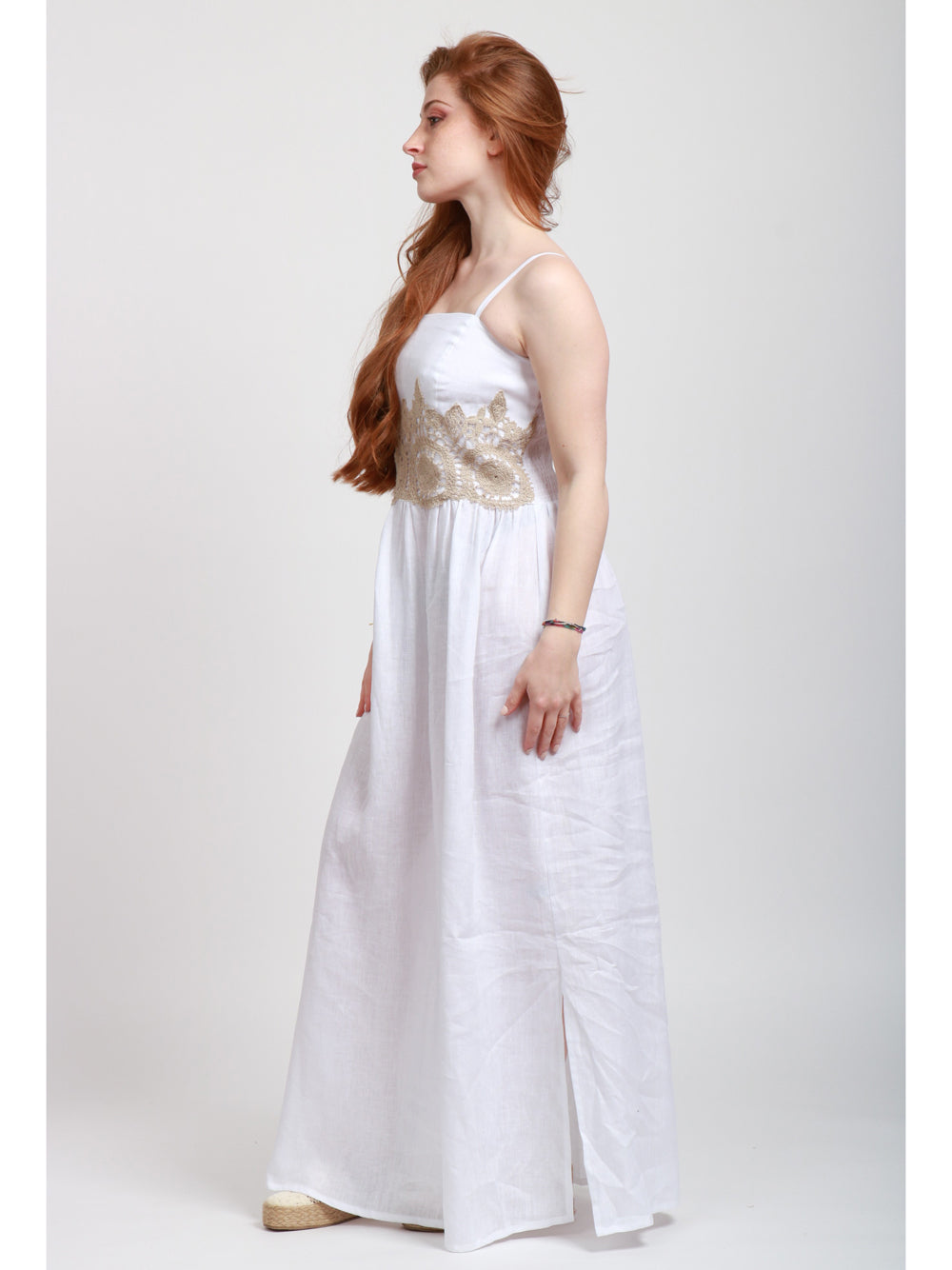 MASTRO Vestito Lungo in Lino Bianco con Ricamo Bianco