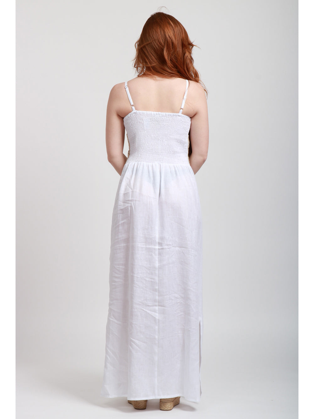 MASTRO Vestito Lungo in Lino Bianco con Ricamo Bianco