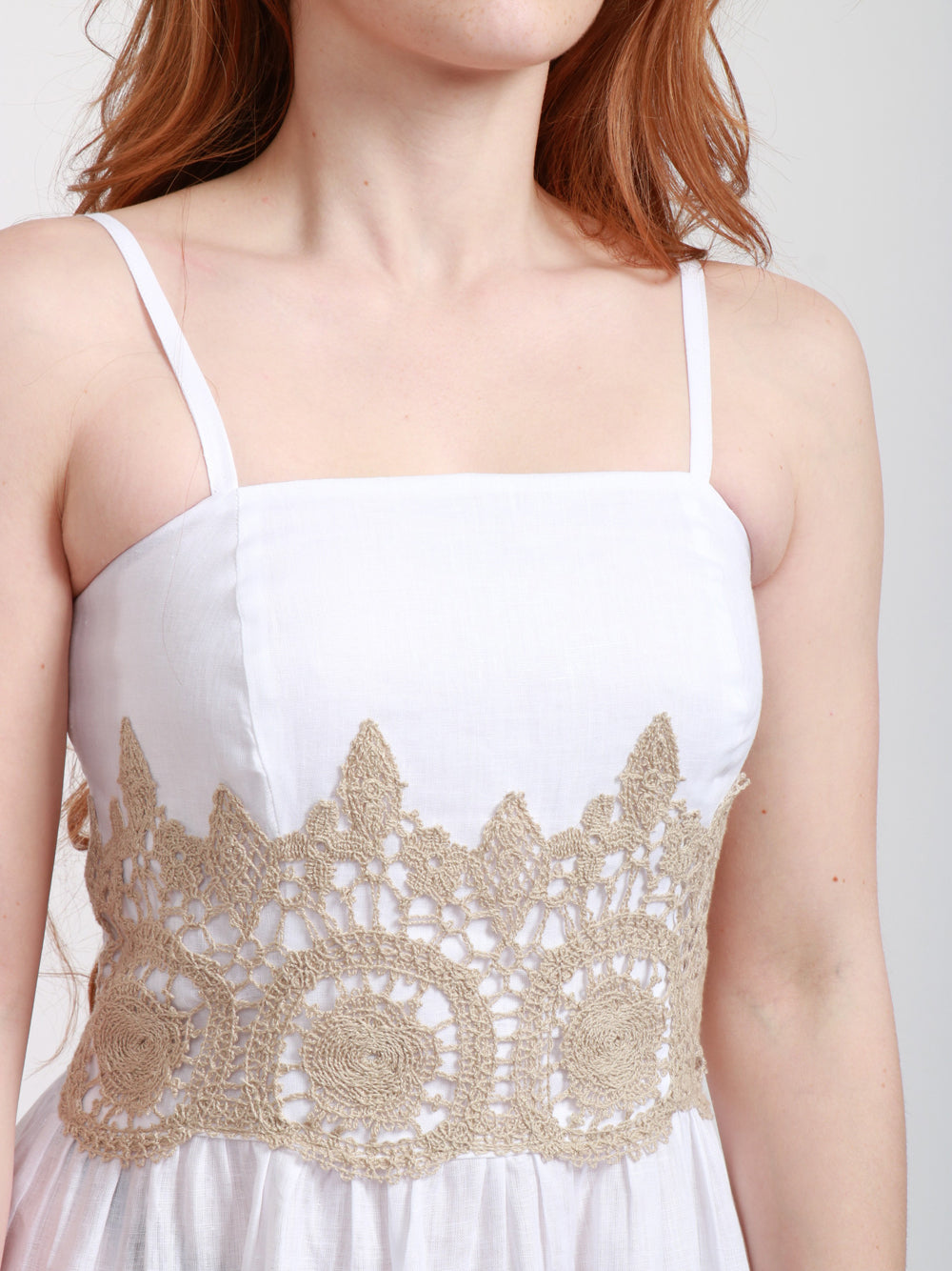 MASTRO Vestito Lungo in Lino Bianco con Ricamo Bianco