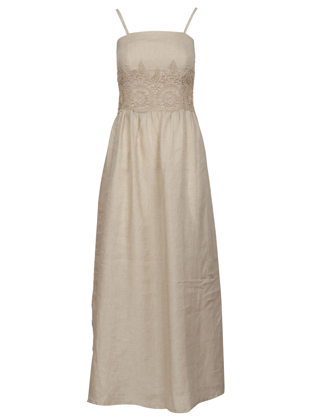 MASTRO Vestito Lungo in Lino Ecru con Ricamo Fango