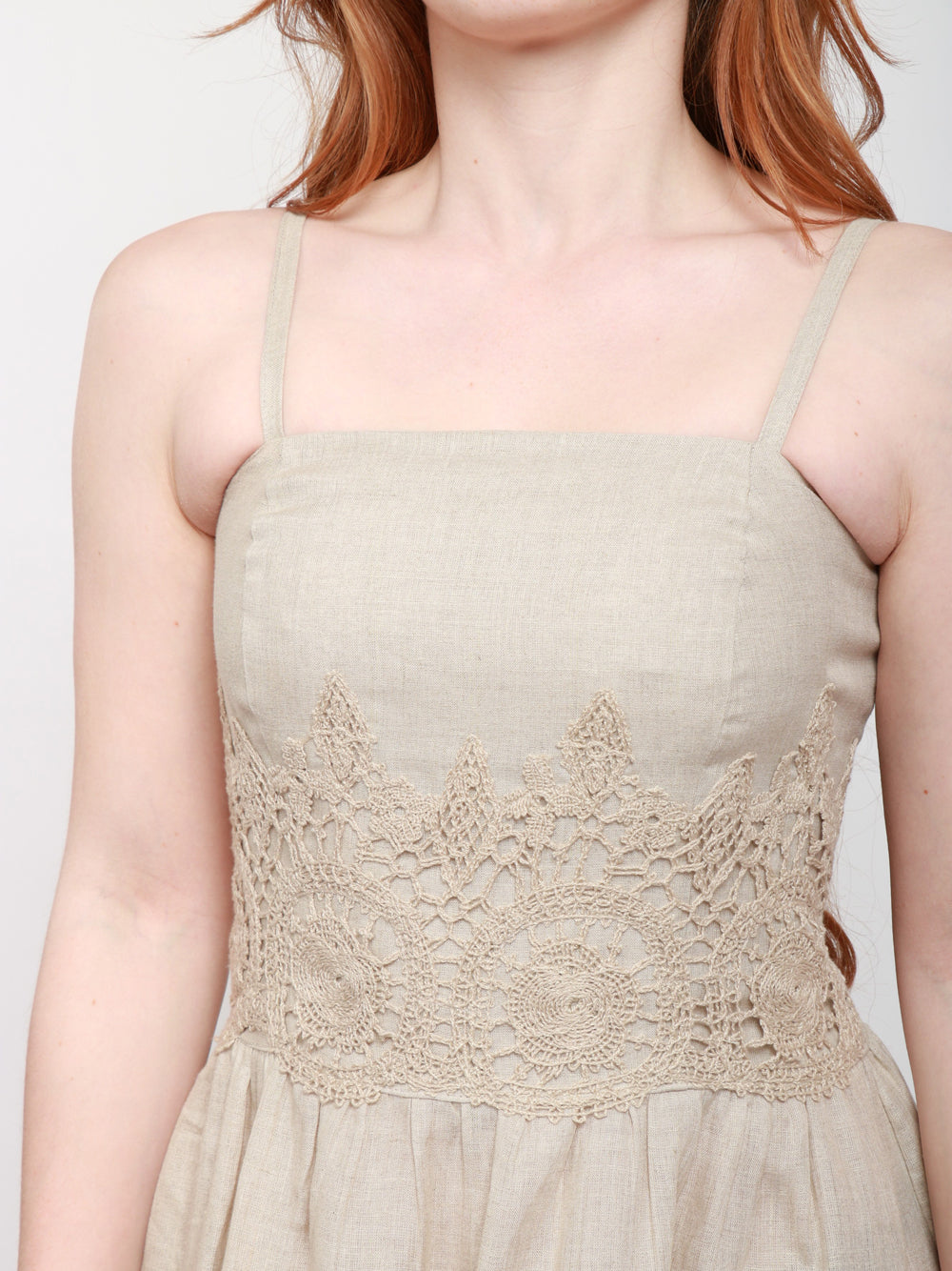 MASTRO Vestito Lungo in Lino Ecru con Ricamo Fango