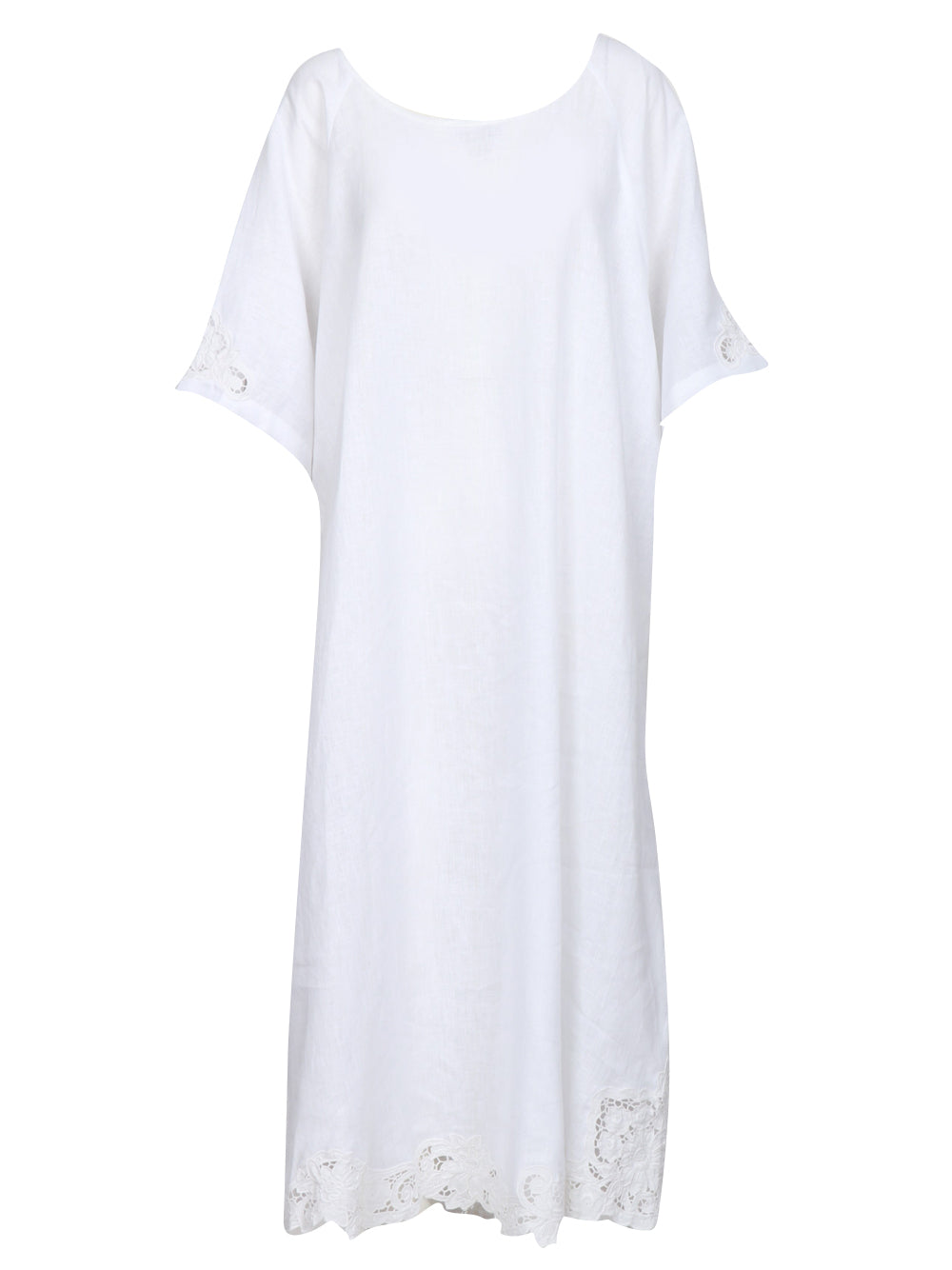 MASTRO Vestito Lungo Burano in Lino Bianco con RIcami Bianco